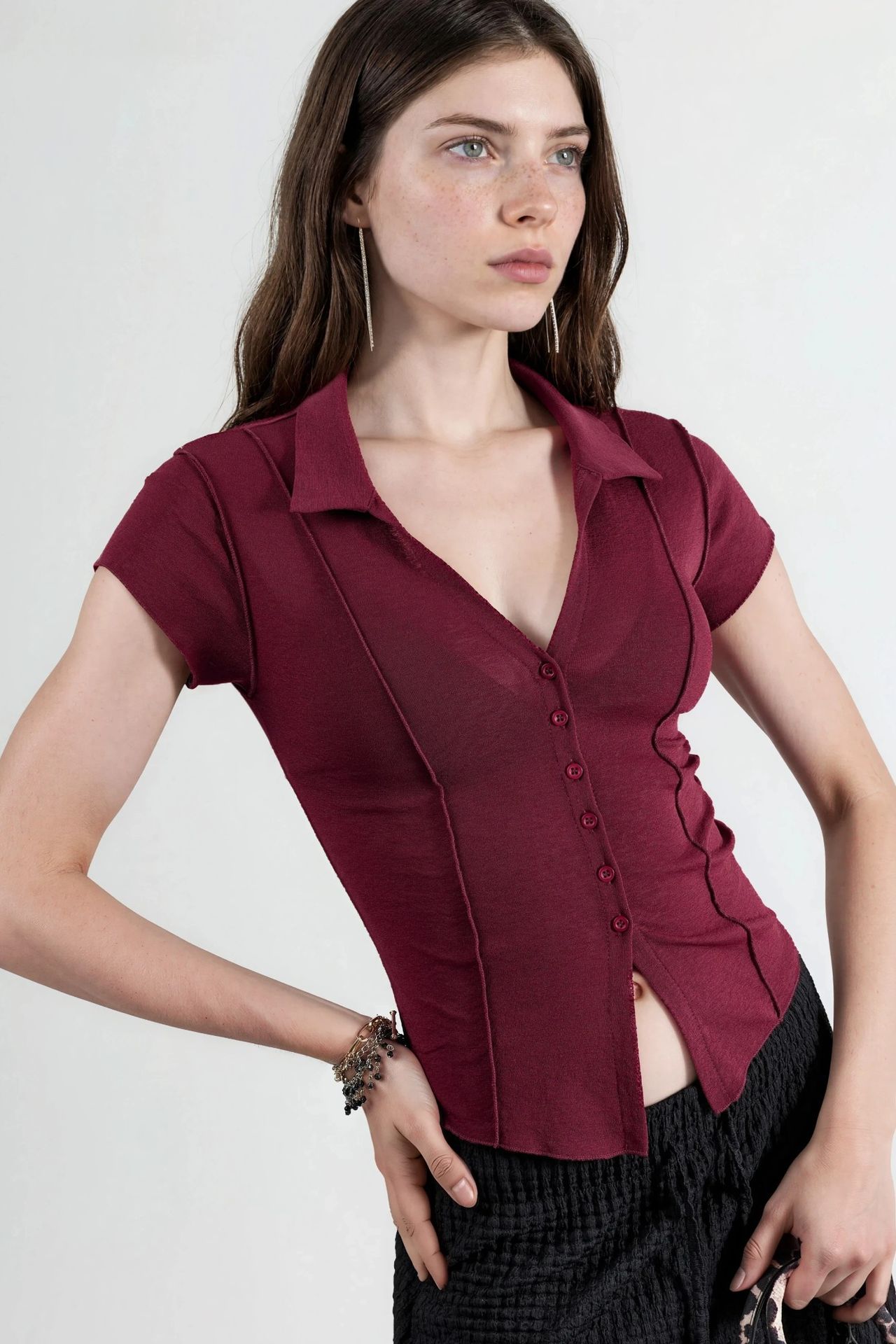 BUSEM Textured Knitted Short Sleeve Shirt with Buttons 2
