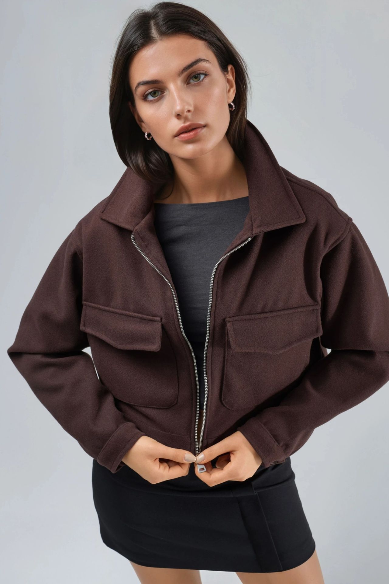 BUSEM Crop Gabardine Jacket with Zipper and Pocket 2