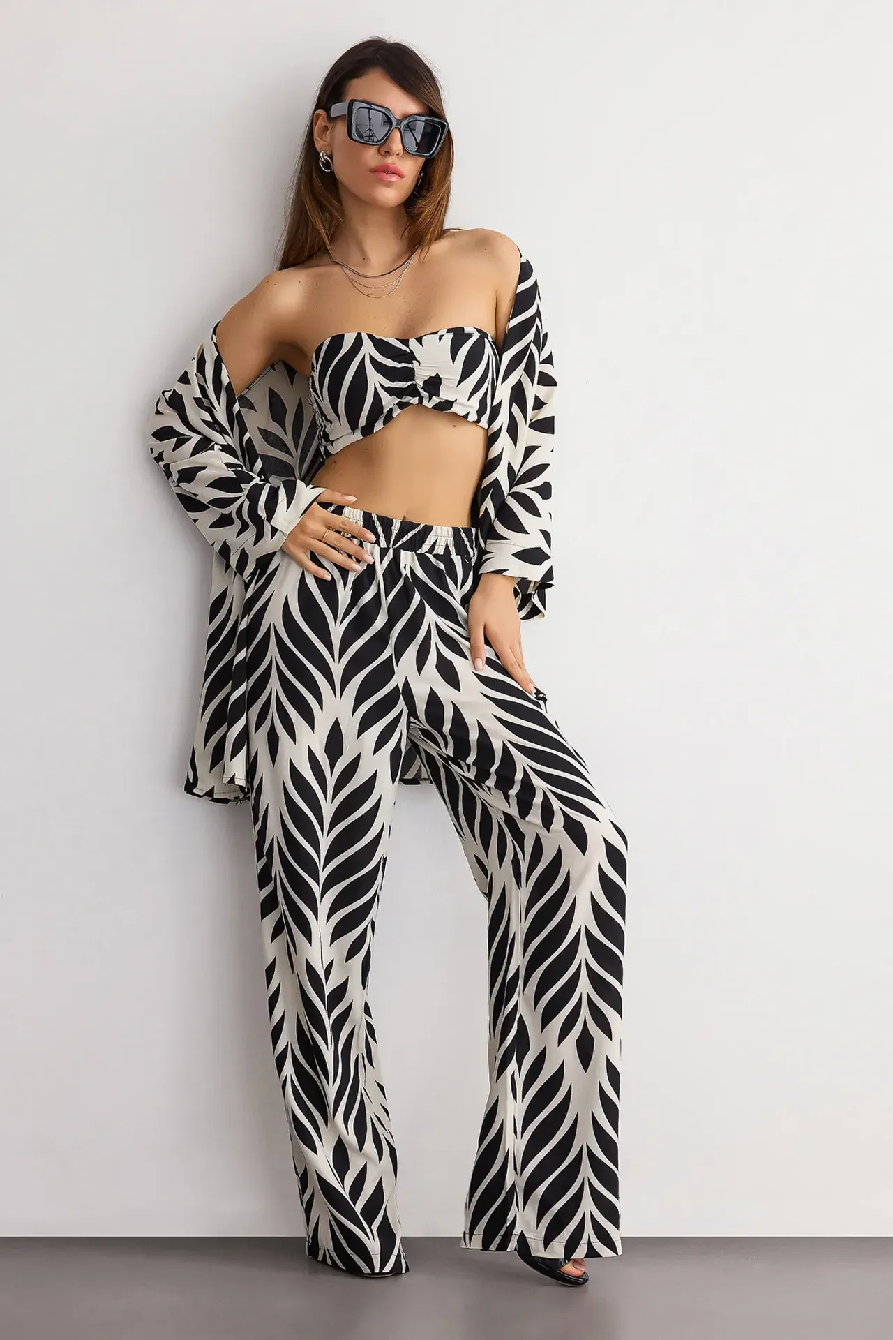 Patterned Wide-Leg Trousers with Boho Details
