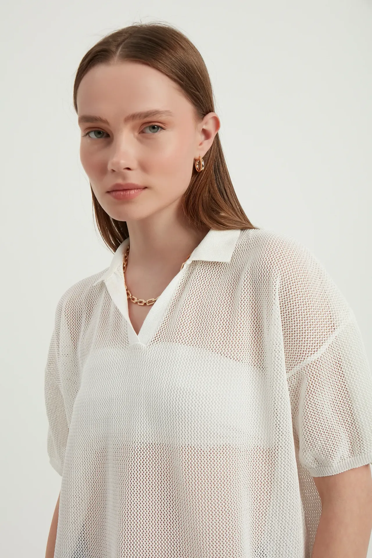 Polo Collar Mesh Textured Short Sleeve