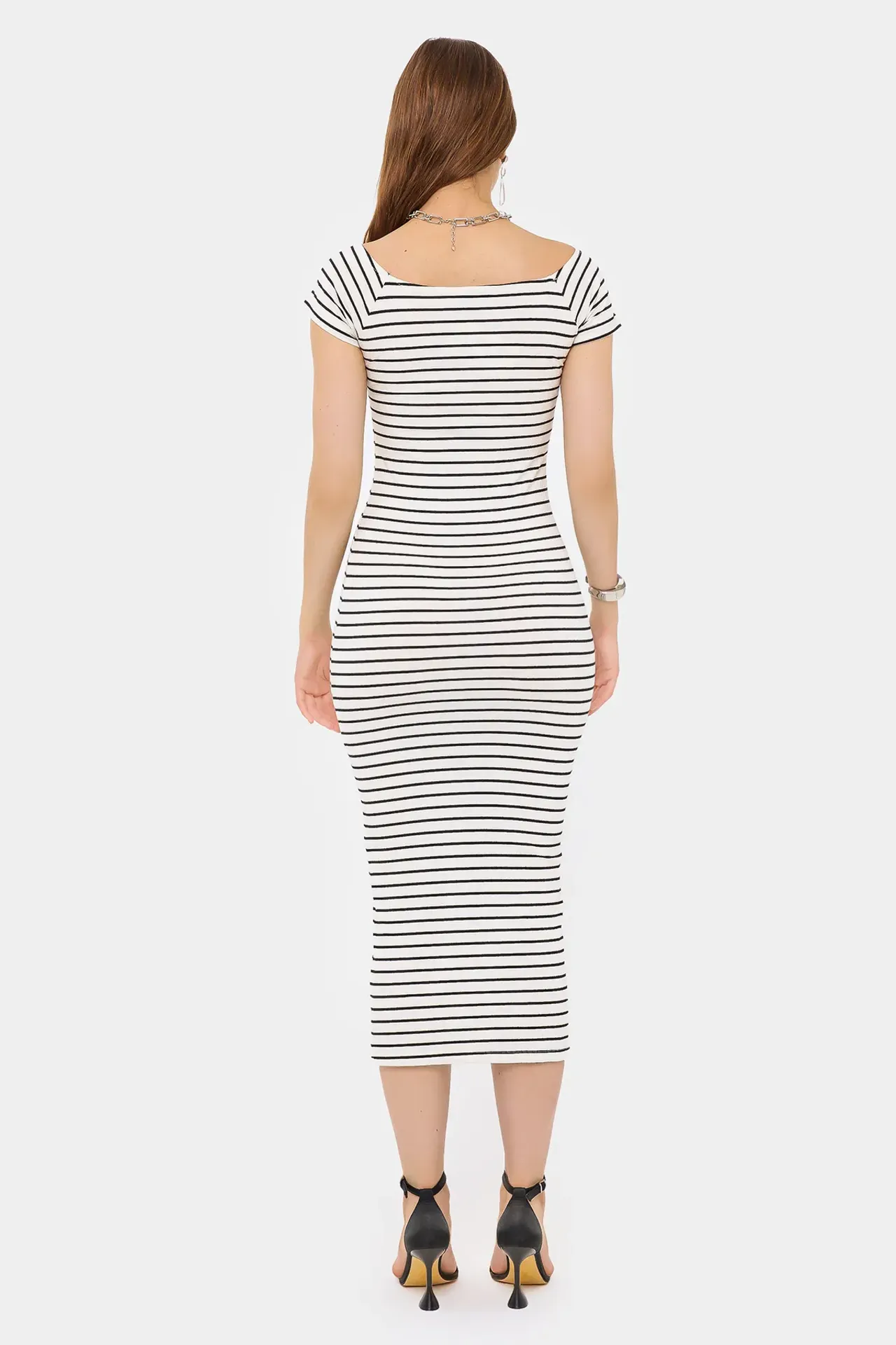 Striped Bodycon Midi Dress with Boat Neck