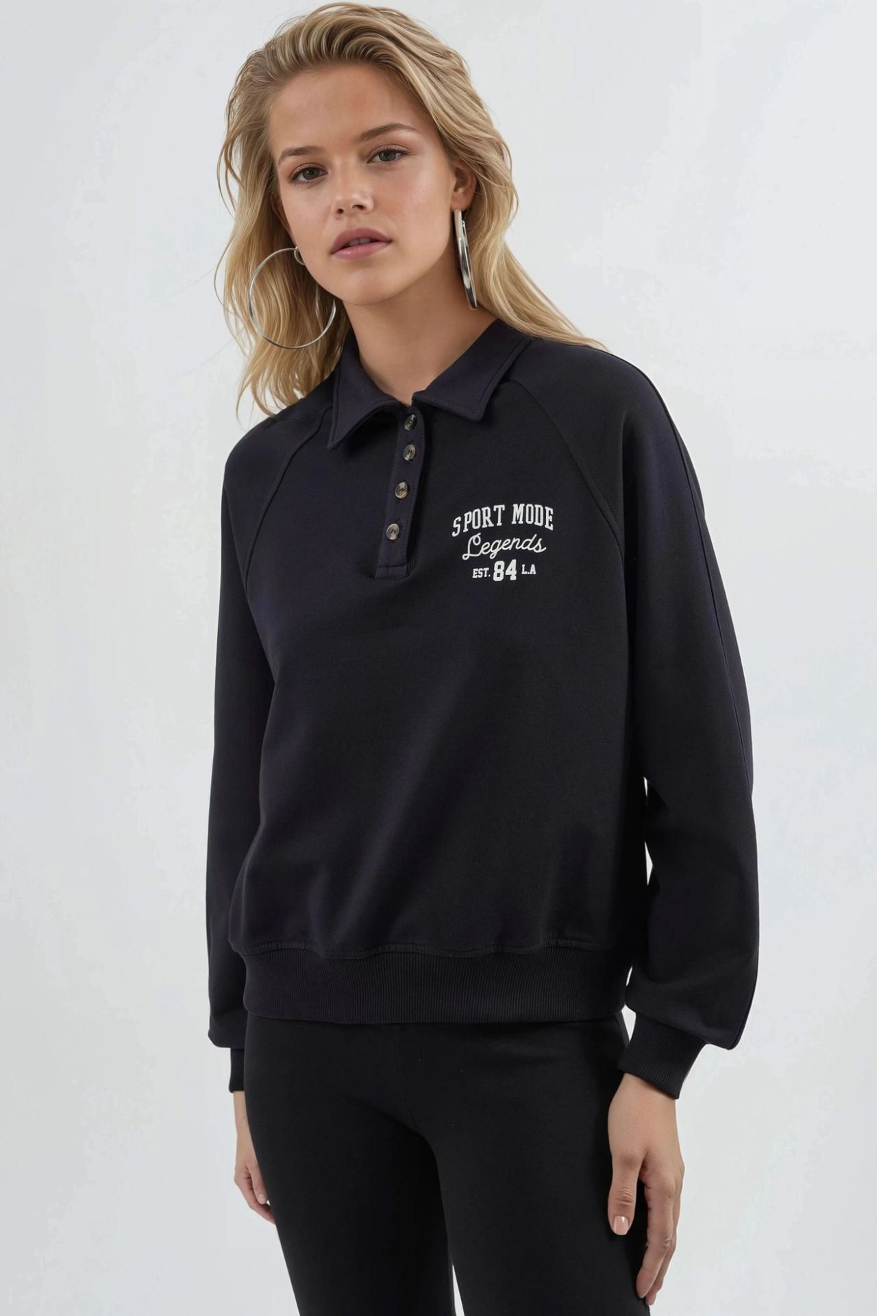 BUSEM Polo Collar Long Sleeve Relaxed Fit Sweatshirt 7