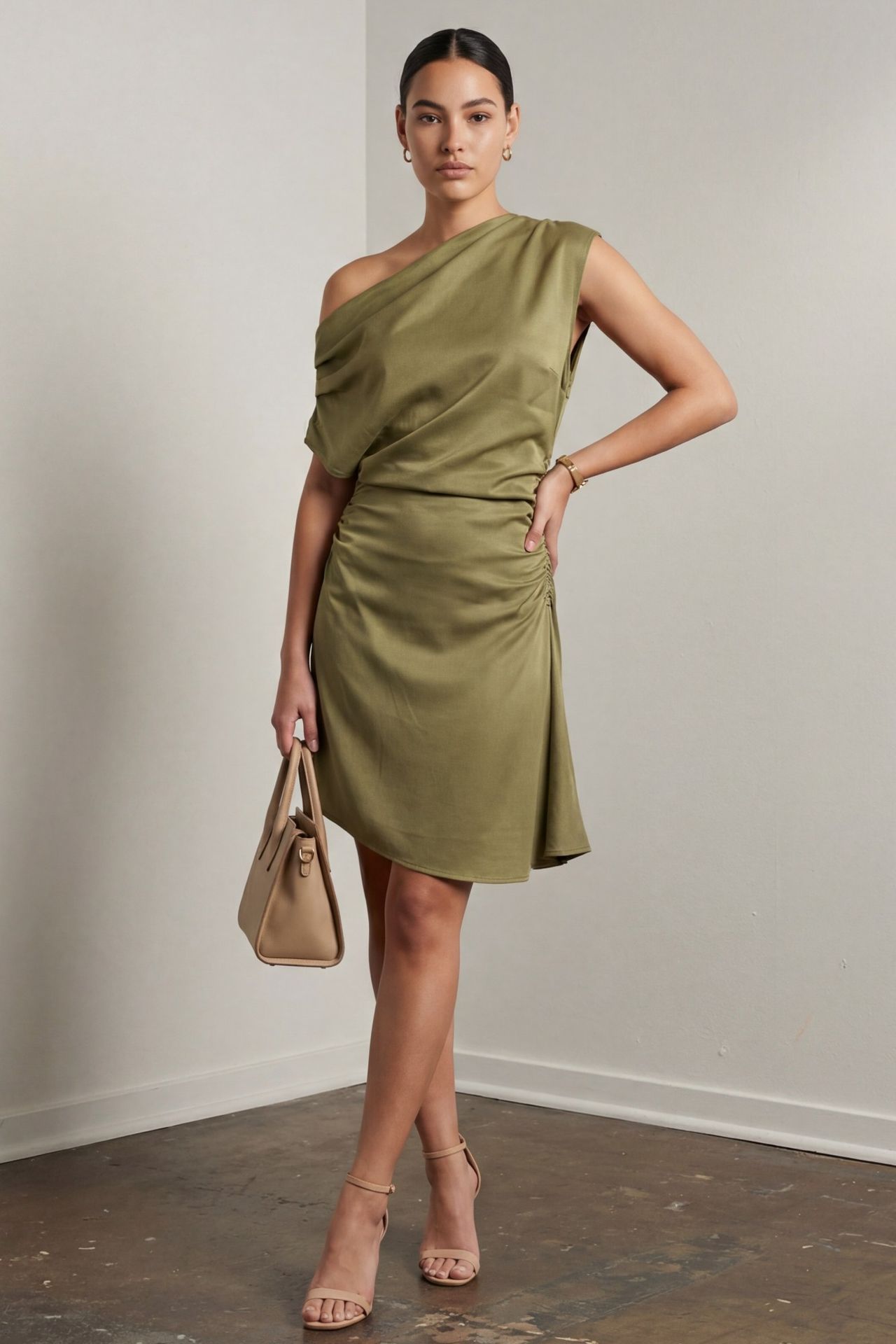 MY FASHION Asymmetrical Collar Mini Dress with Drape Detail 1