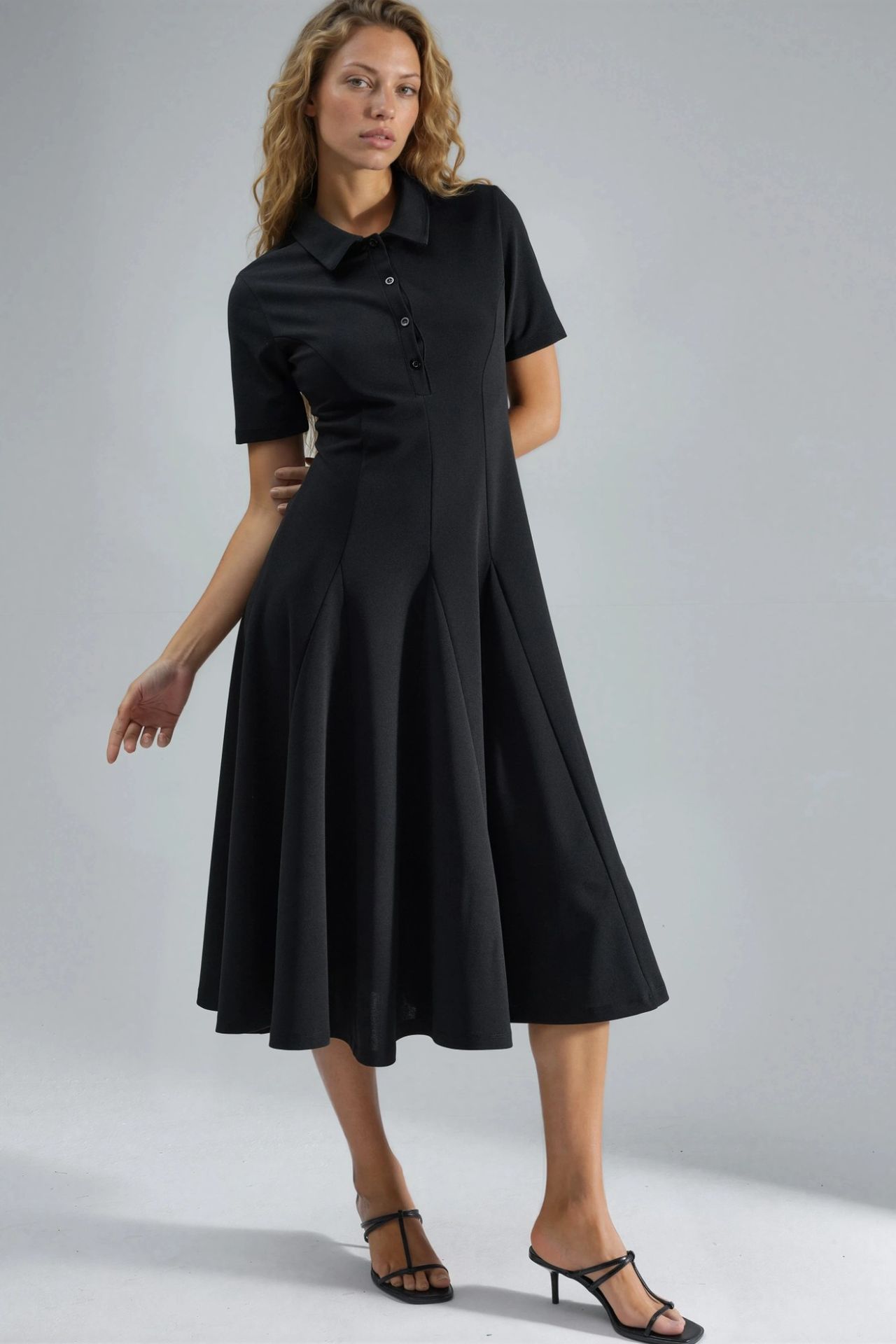 BUSEM Midi A-Line Dress with Shirt Collar