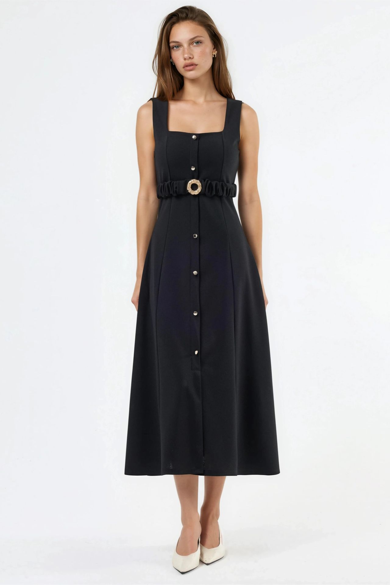BUSEM Belted Square Collar Midi Dress