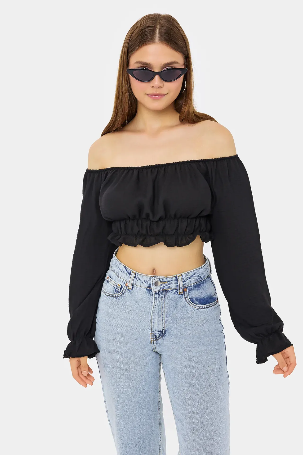 Off-Shoulder Linen Cropped Top with Long Sleeves and Ruffle Detail