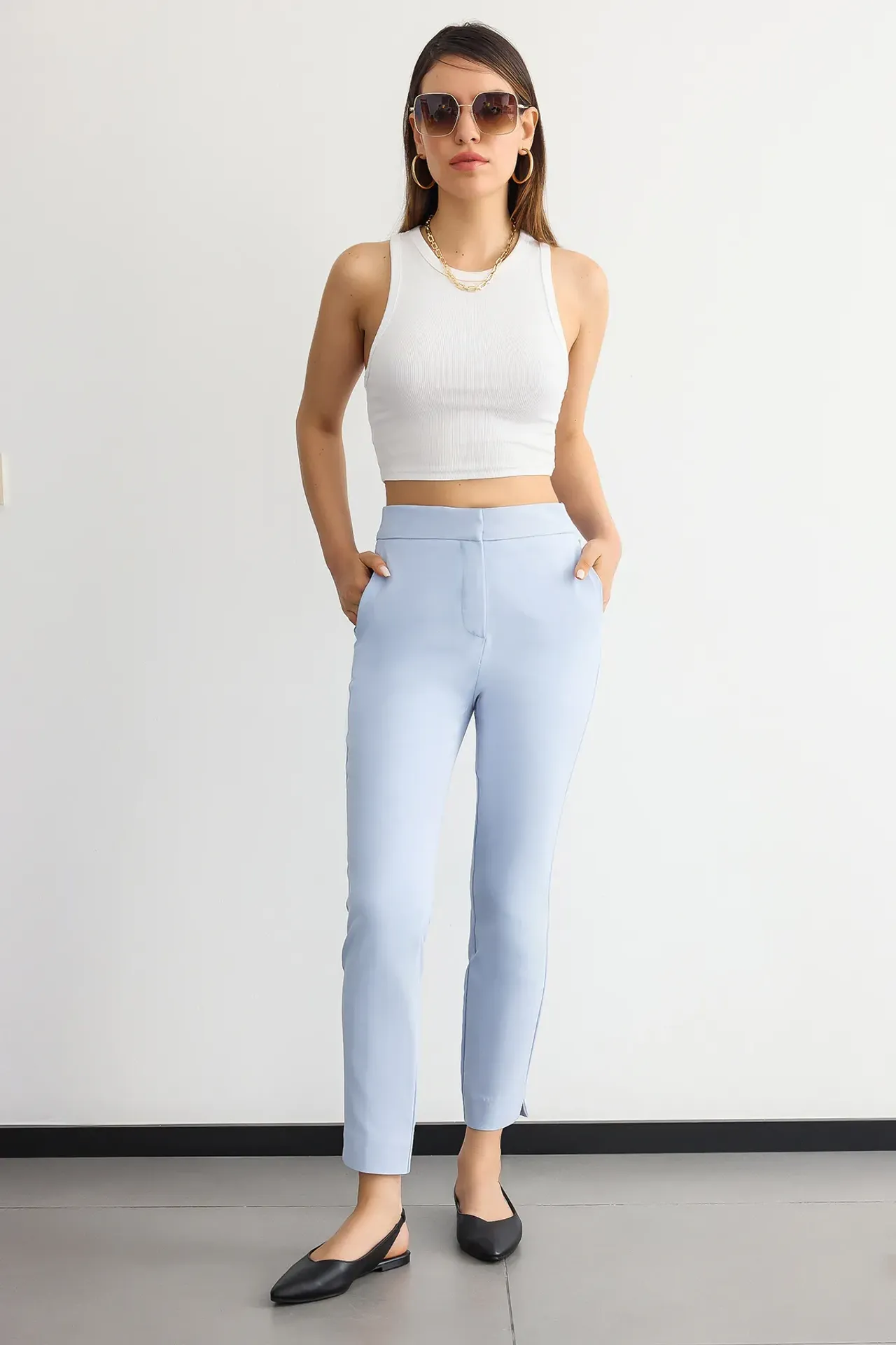 High-Waist Slim Fit Trousers with Belt Detail
