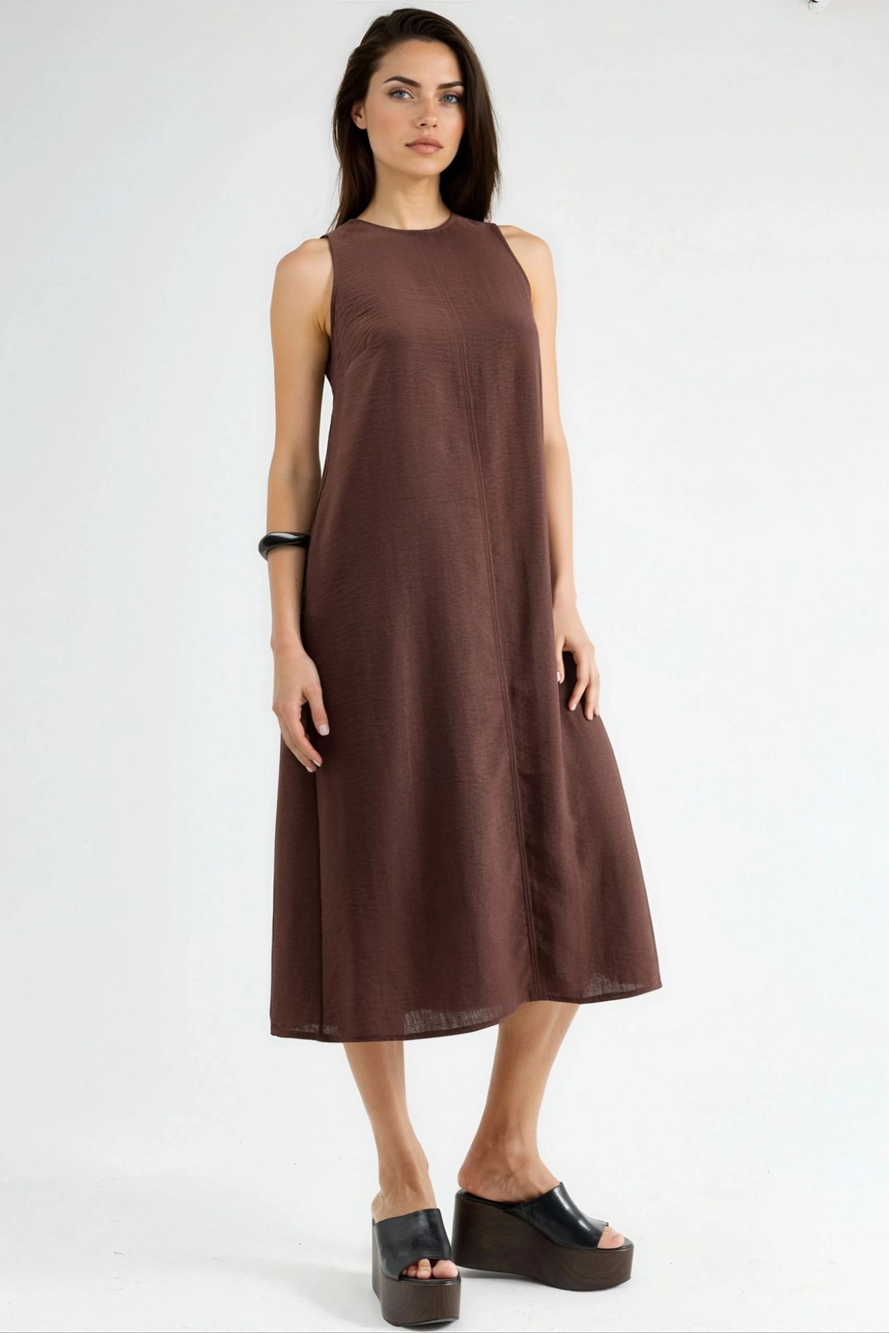 Linen Feel Sleeveless Crew Neck Midi Dress 1