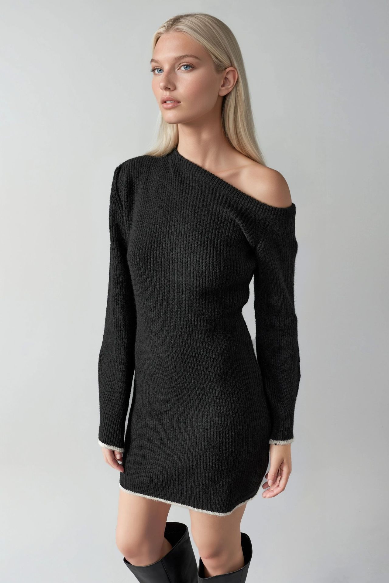 MY FASHION Asymmetrical Collar Ribbed Knit Dress 4