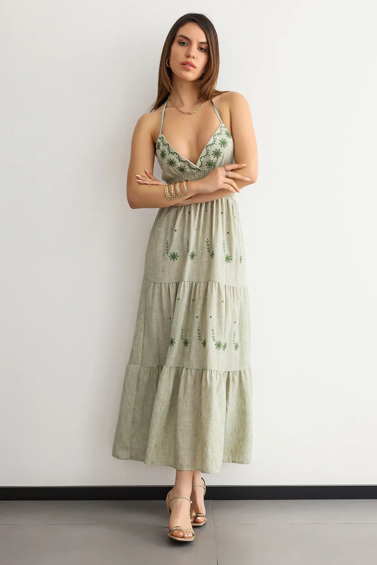Embroidered Sleeveless Maxi Dress with Smocked Details