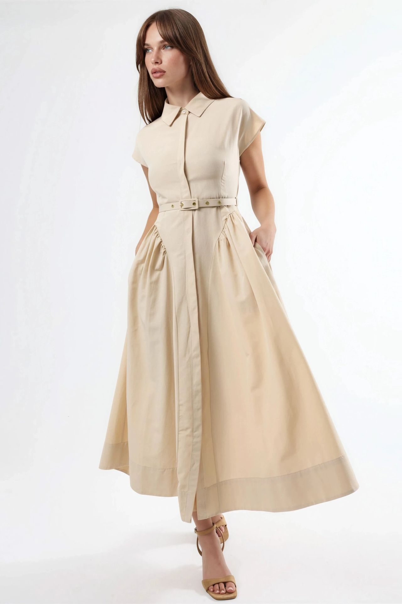 BUSEM Belted Midi Dress with Shirt Collar 6