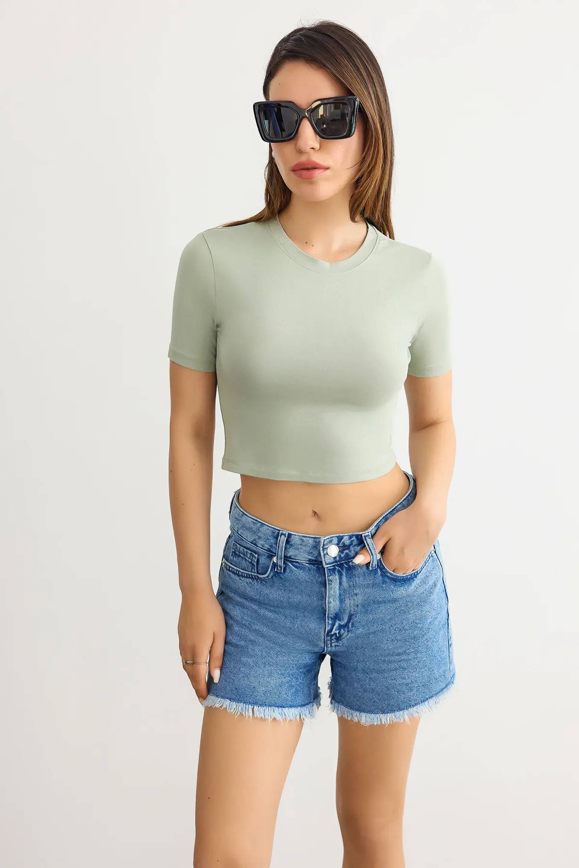 Green Crew Neck Basic Crop Top Women
