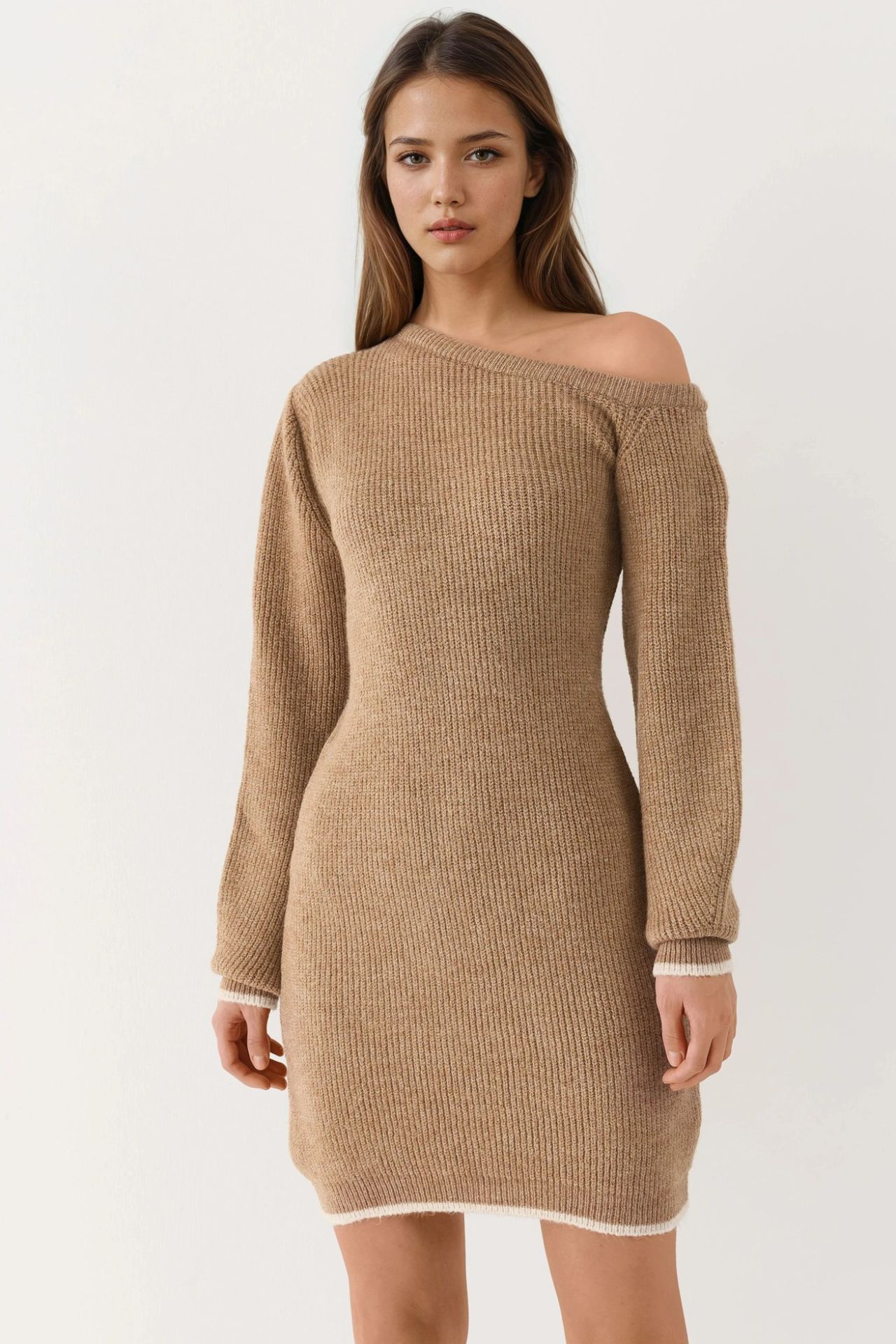 MY FASHION Asymmetrical Collar Ribbed Knit Dress 6