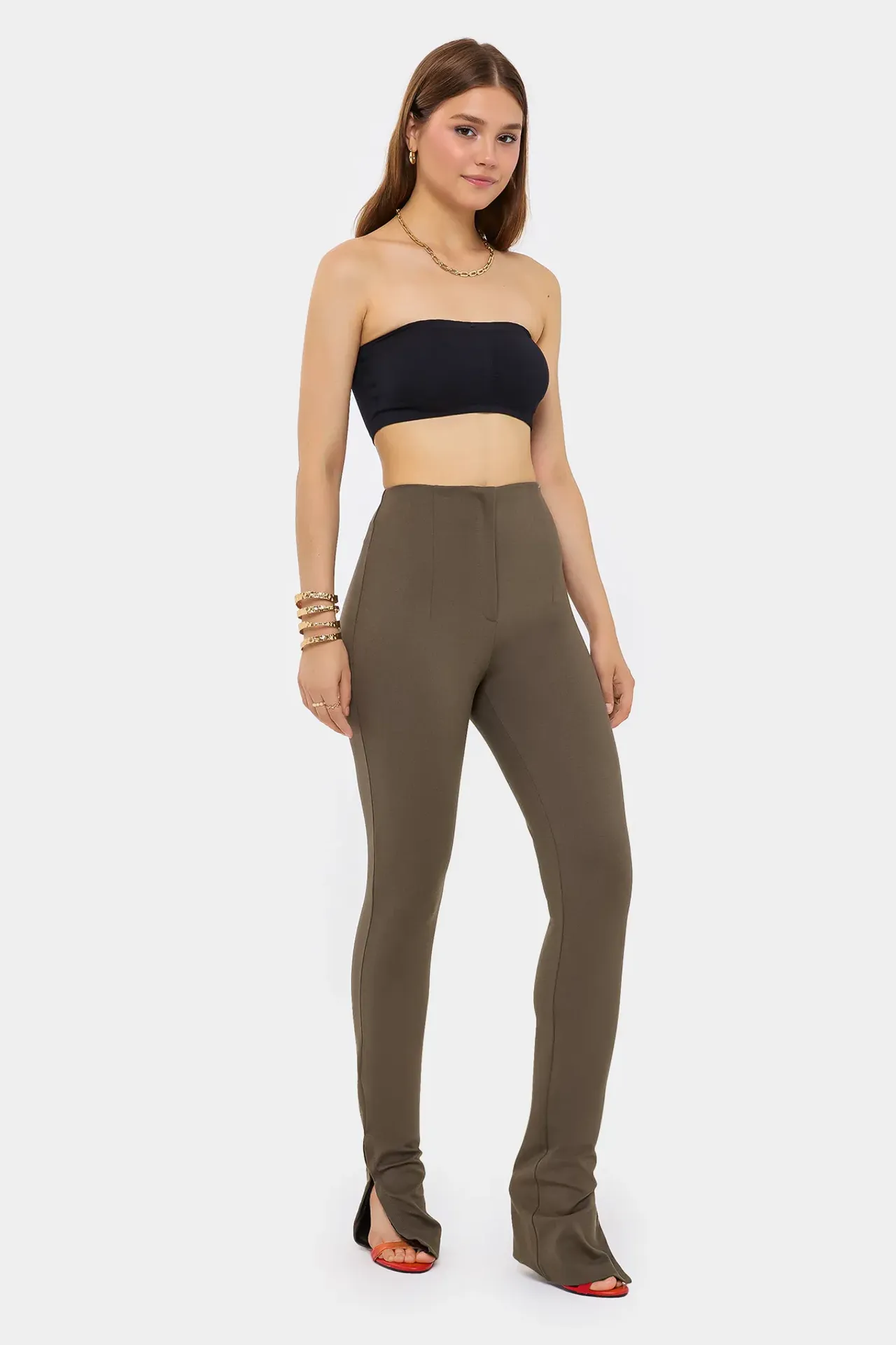 High-Waist Slim Fit Trousers with Zip-up Closure