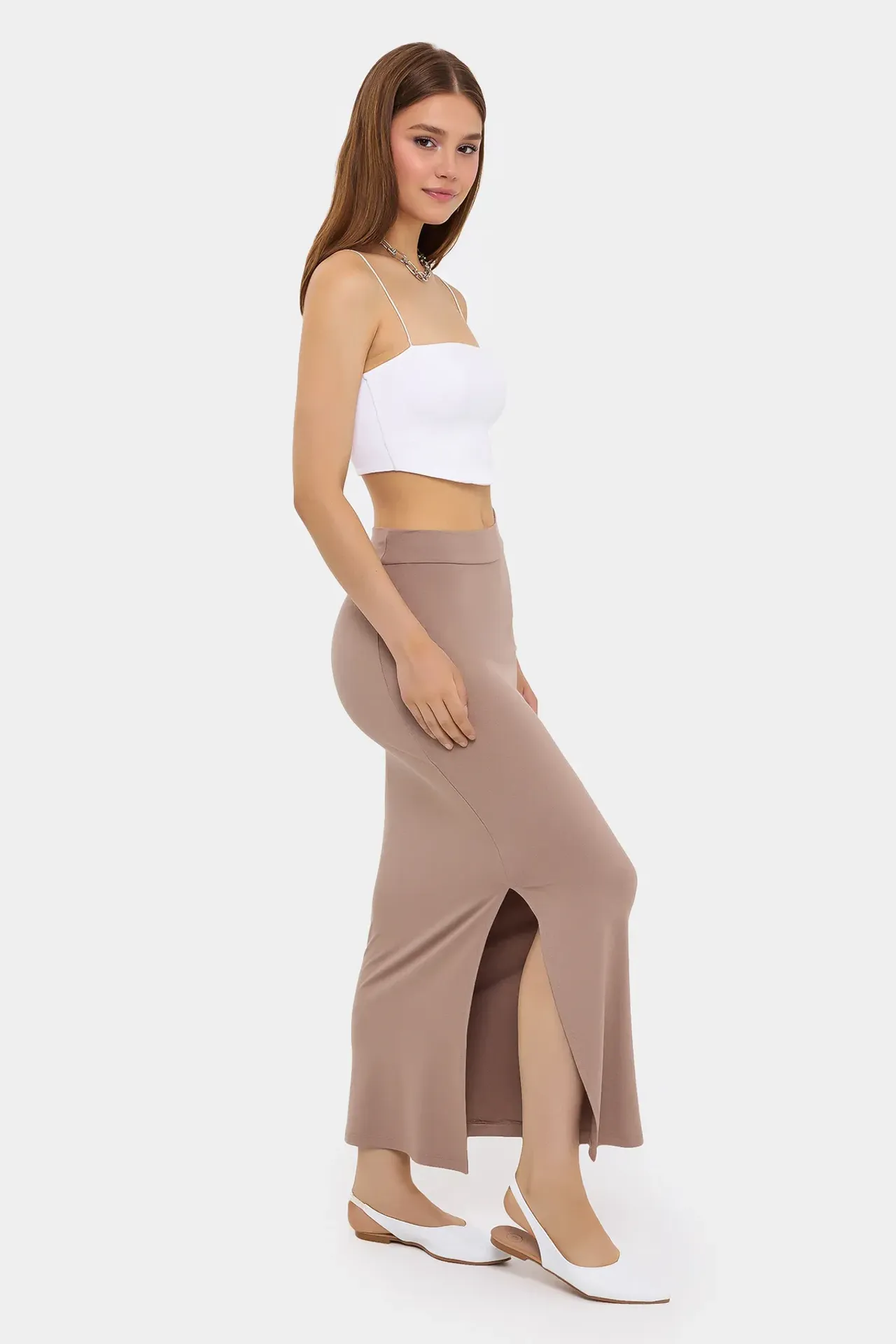 High-Waist Side-Slit Woven Skirt
