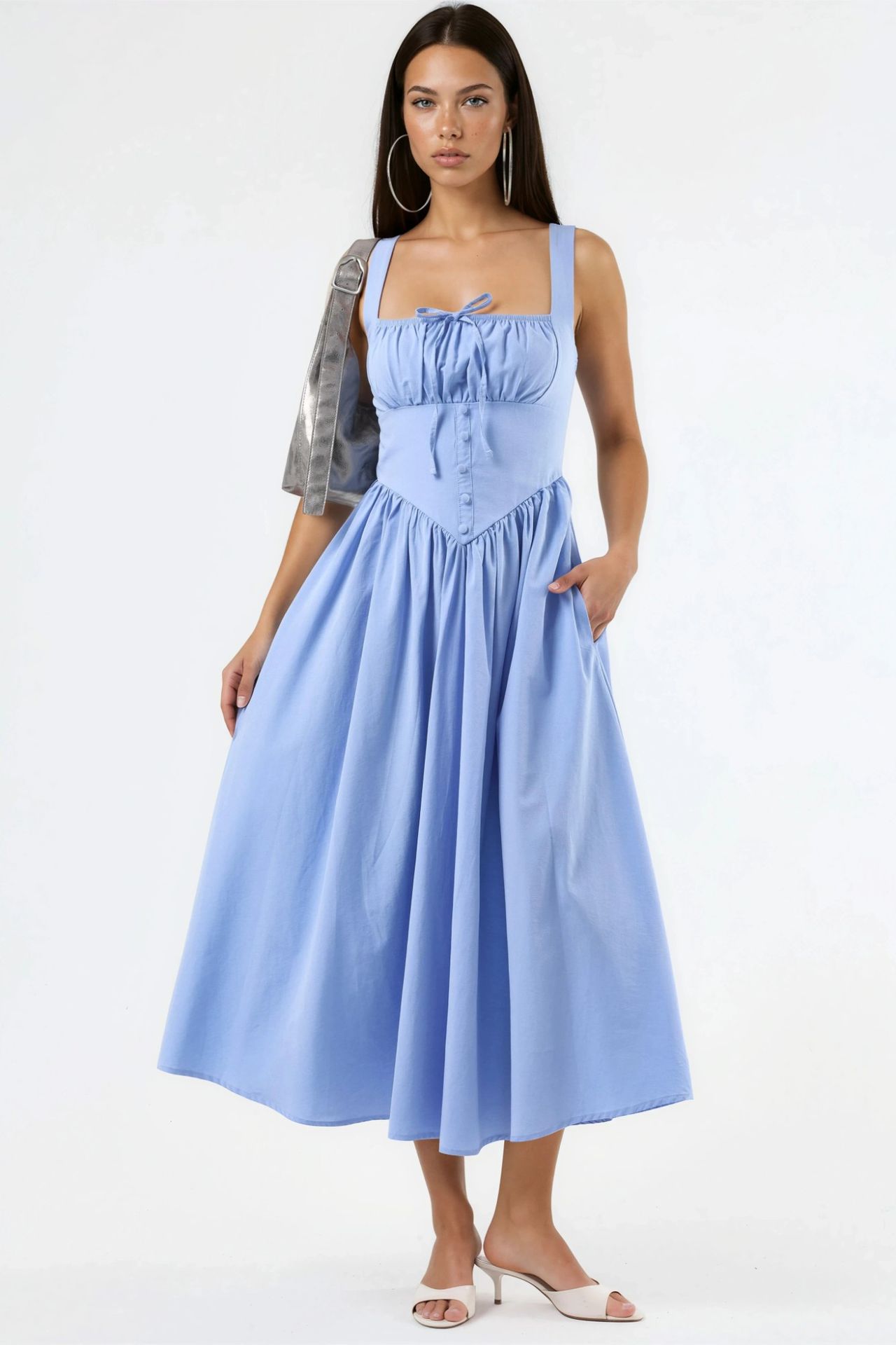 BUSEM Midi Dress with Square Collar and Button Detail 1