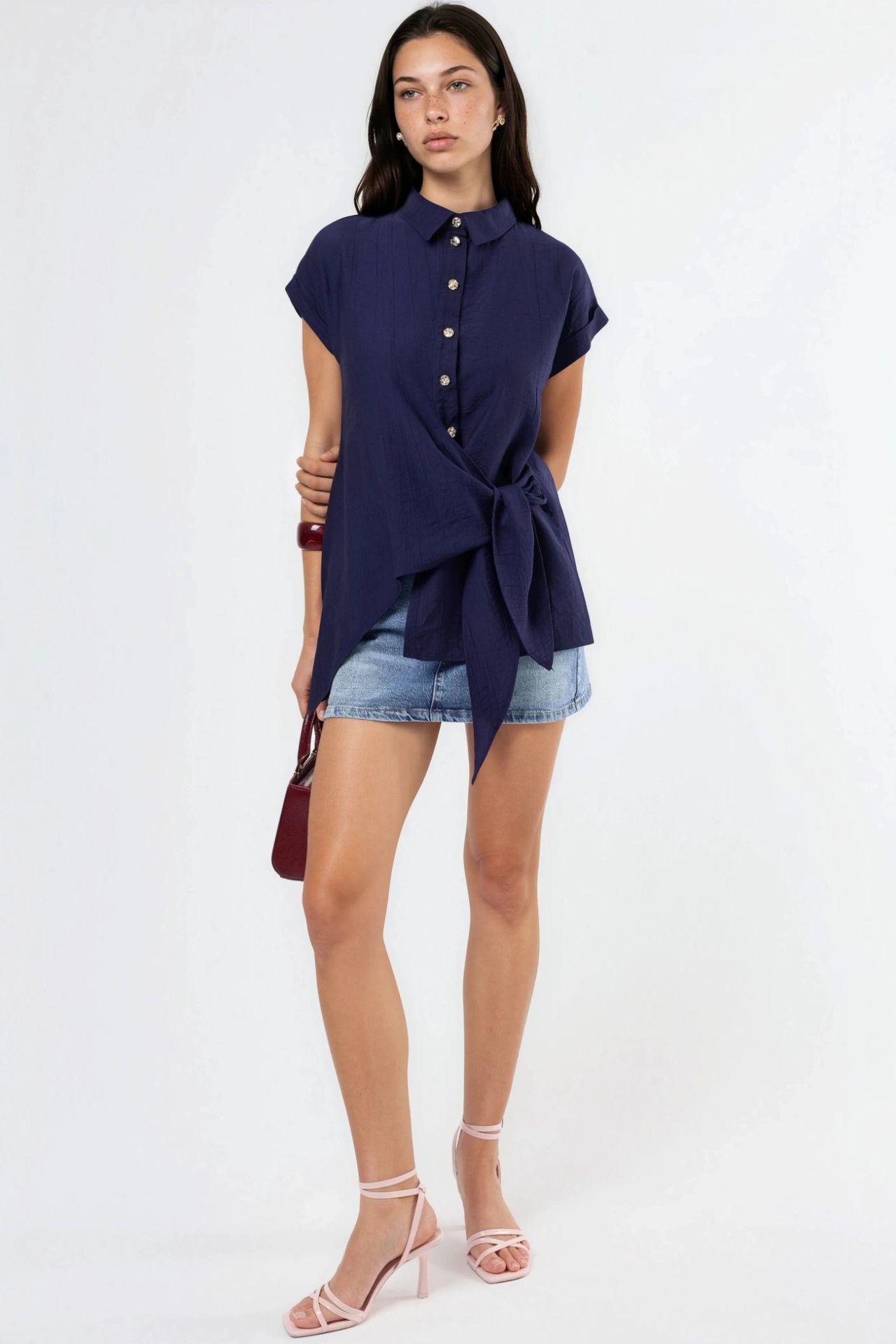 BUSEM Textured Woven Blouse with Tie Detail 5