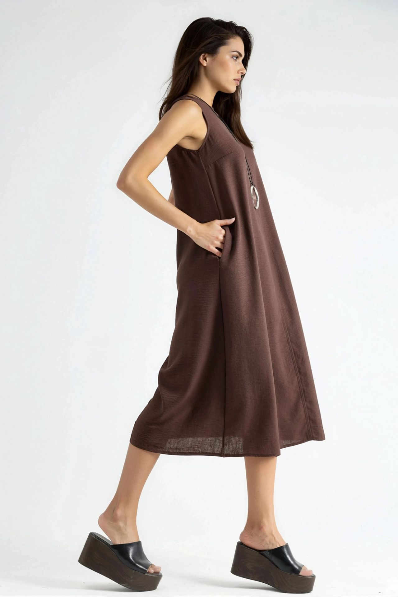 Linen Feel Sleeveless Crew Neck Midi Dress 6