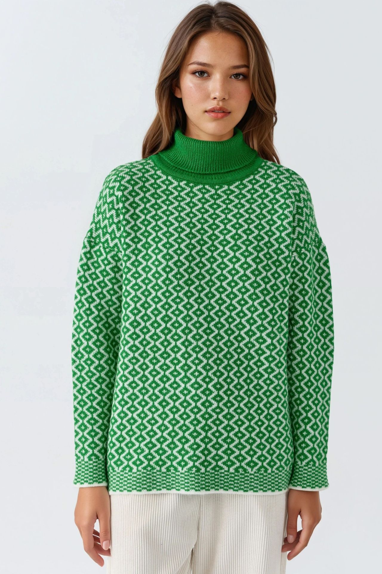 MY FASHION Long Turtleneck Geometric Pattern Ribbed Sweater 7