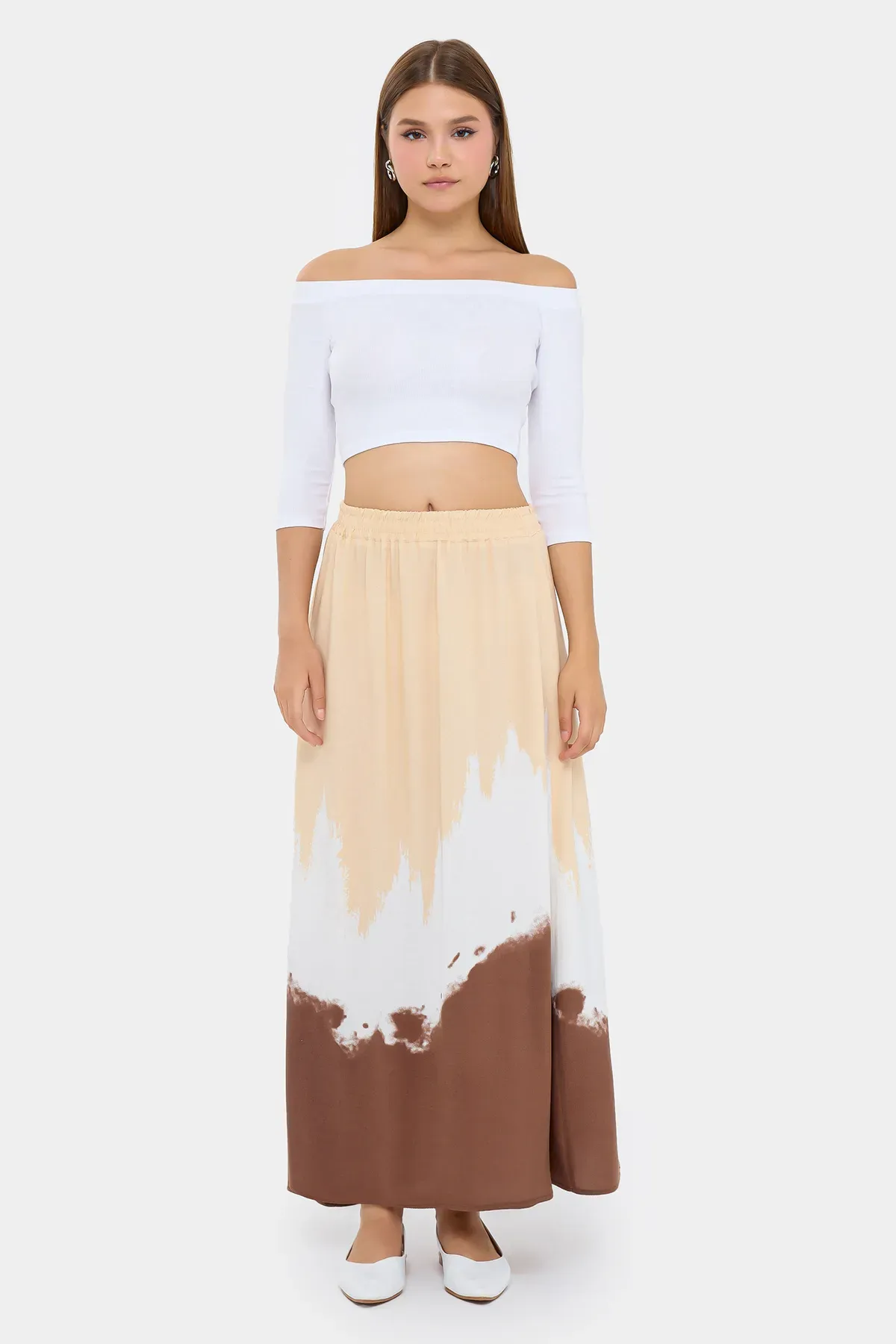 Watercolor Printed Maxi Skirt with Elastic Waist 1
