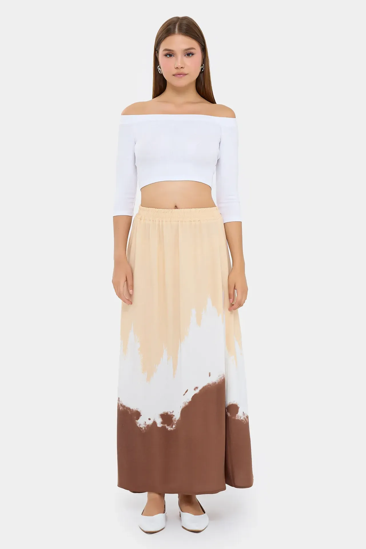 Watercolor Printed Maxi Skirt with Elastic Waist