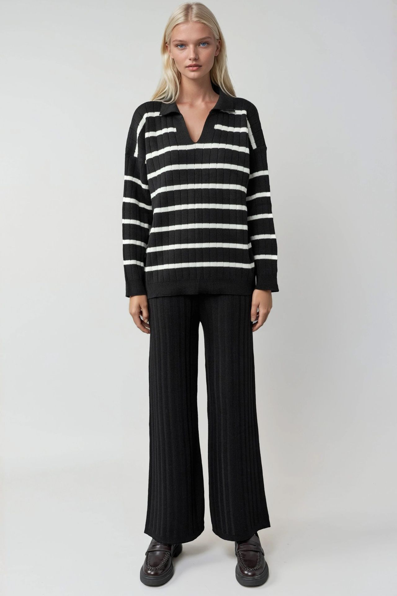 MY FASHION Striped Knit Co-ord Set with Polo Collar 5