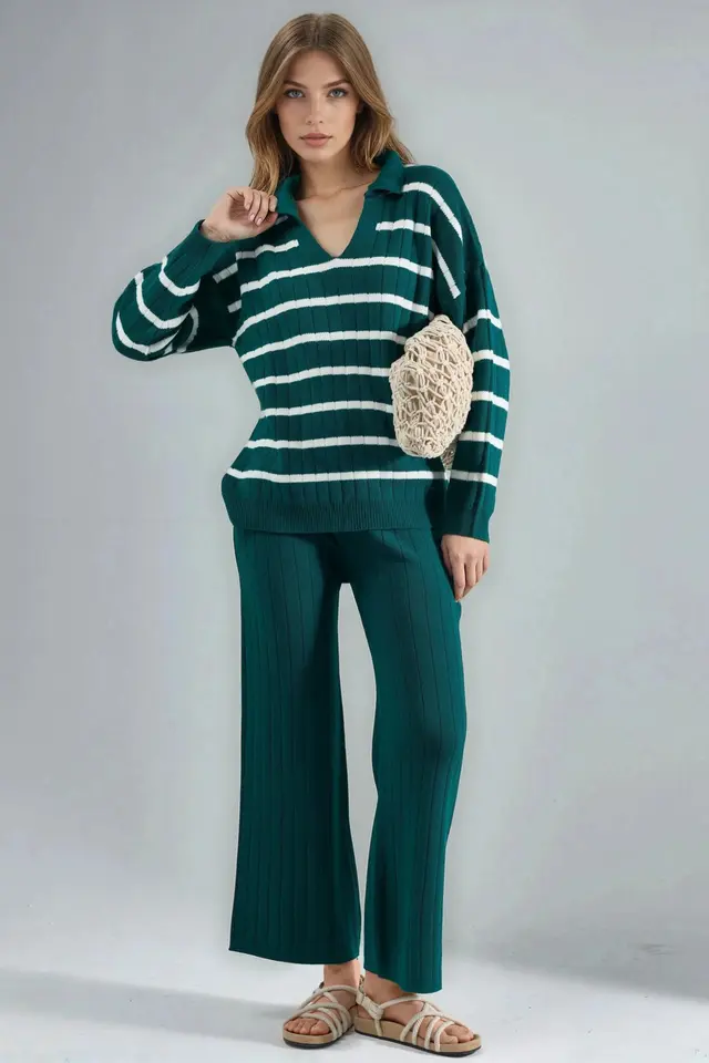 MY FASHION Striped Knit Co-ord Set with Polo Collar