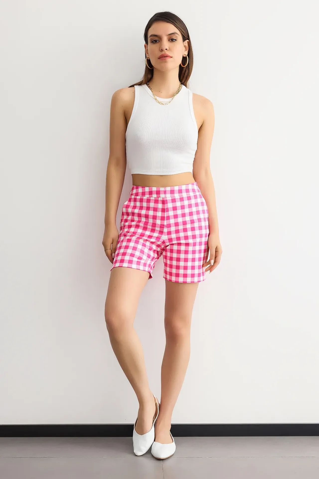 Checked High-Waist Elastic Waist Shorts