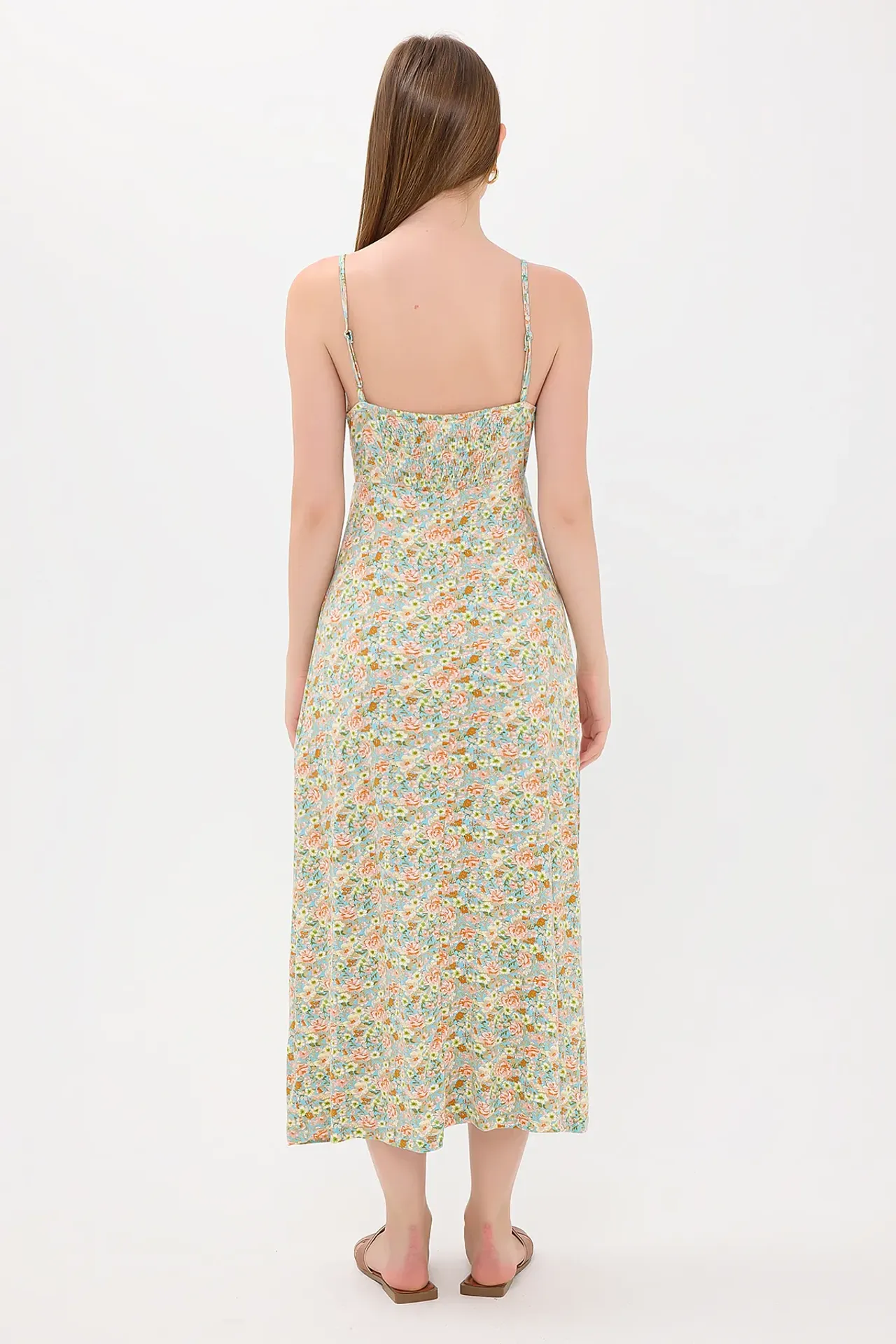 Floral Ruched Spaghetti-Strap Midi Dress