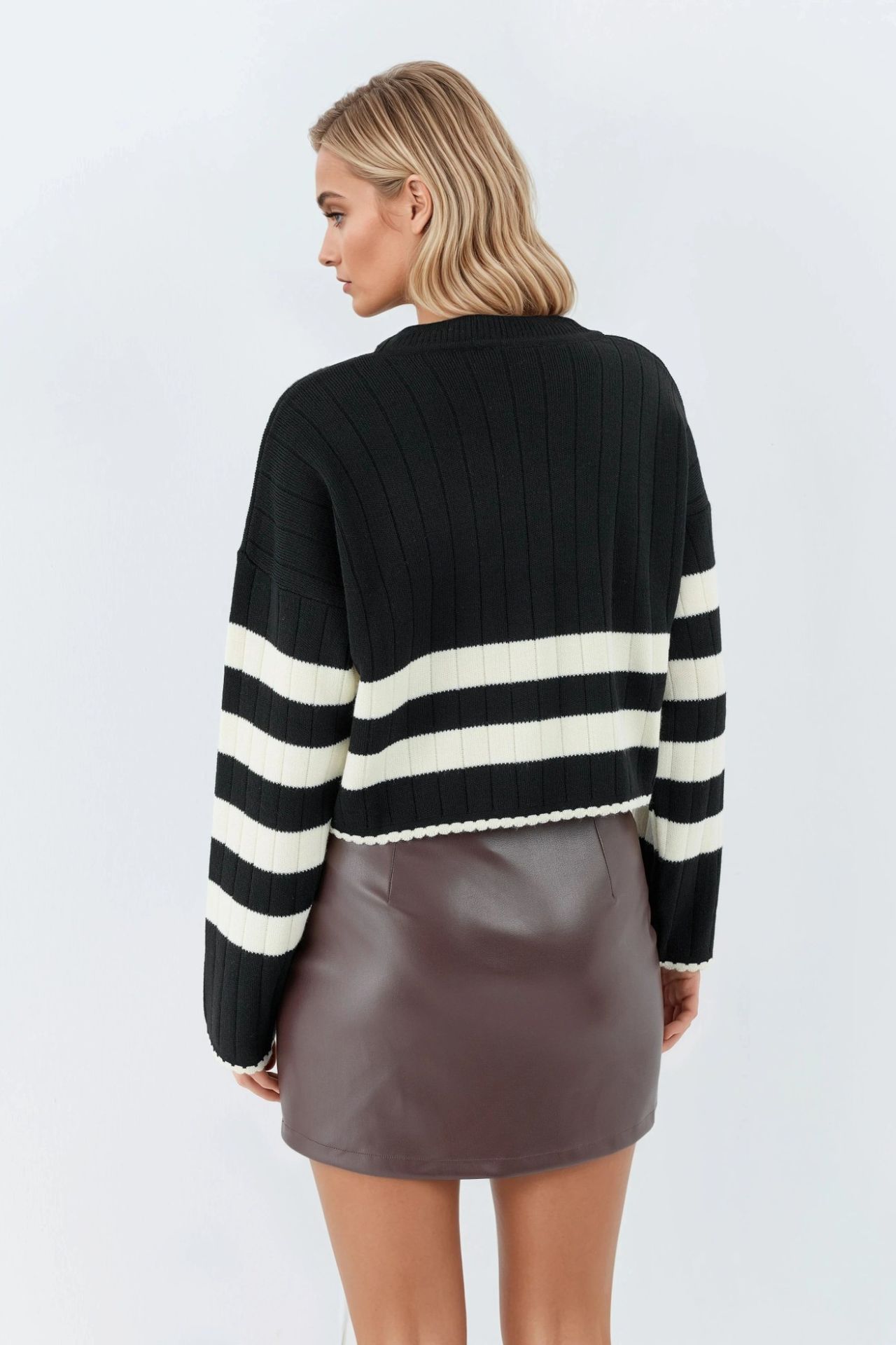 MY FASHION Striped Ribbed Knit Sweater with Crew Neck 3