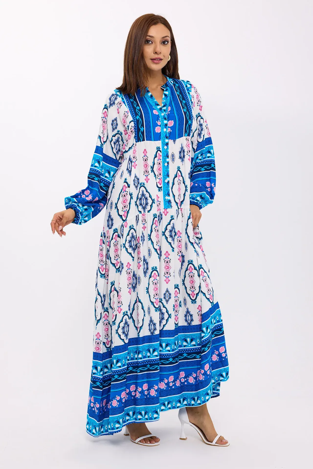 Abstract Print Tiered Shirt Maxi Dress