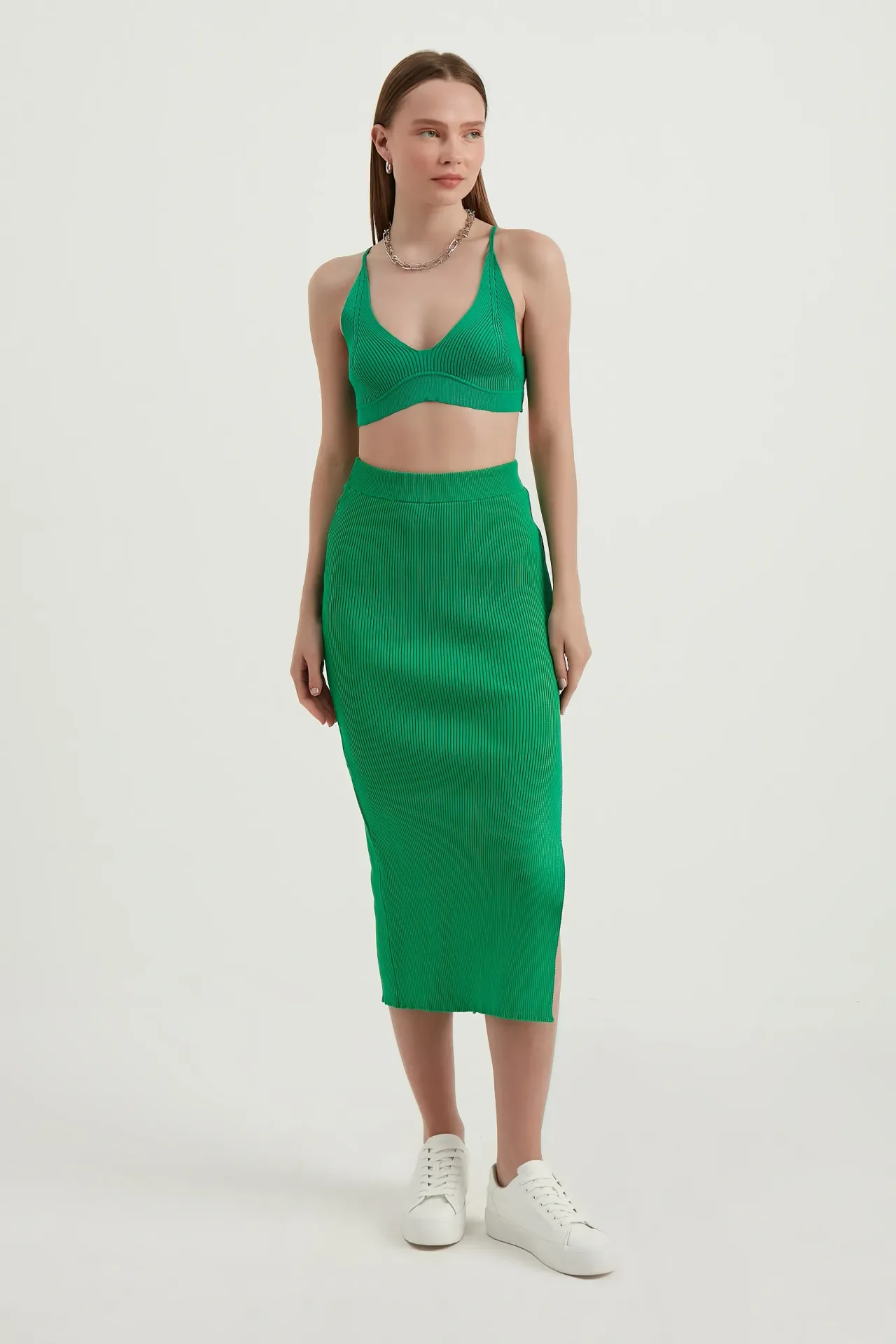 2 Pieces: V Neck Bodycon Crop Top & High Waist Maxi with a Side Slit