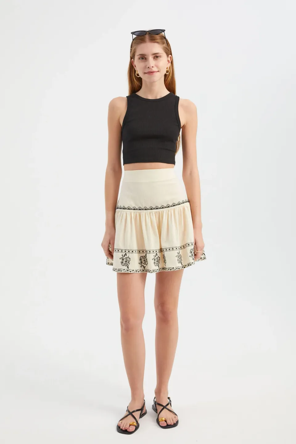 Embroidered High Waist Frilled Mini Skirt