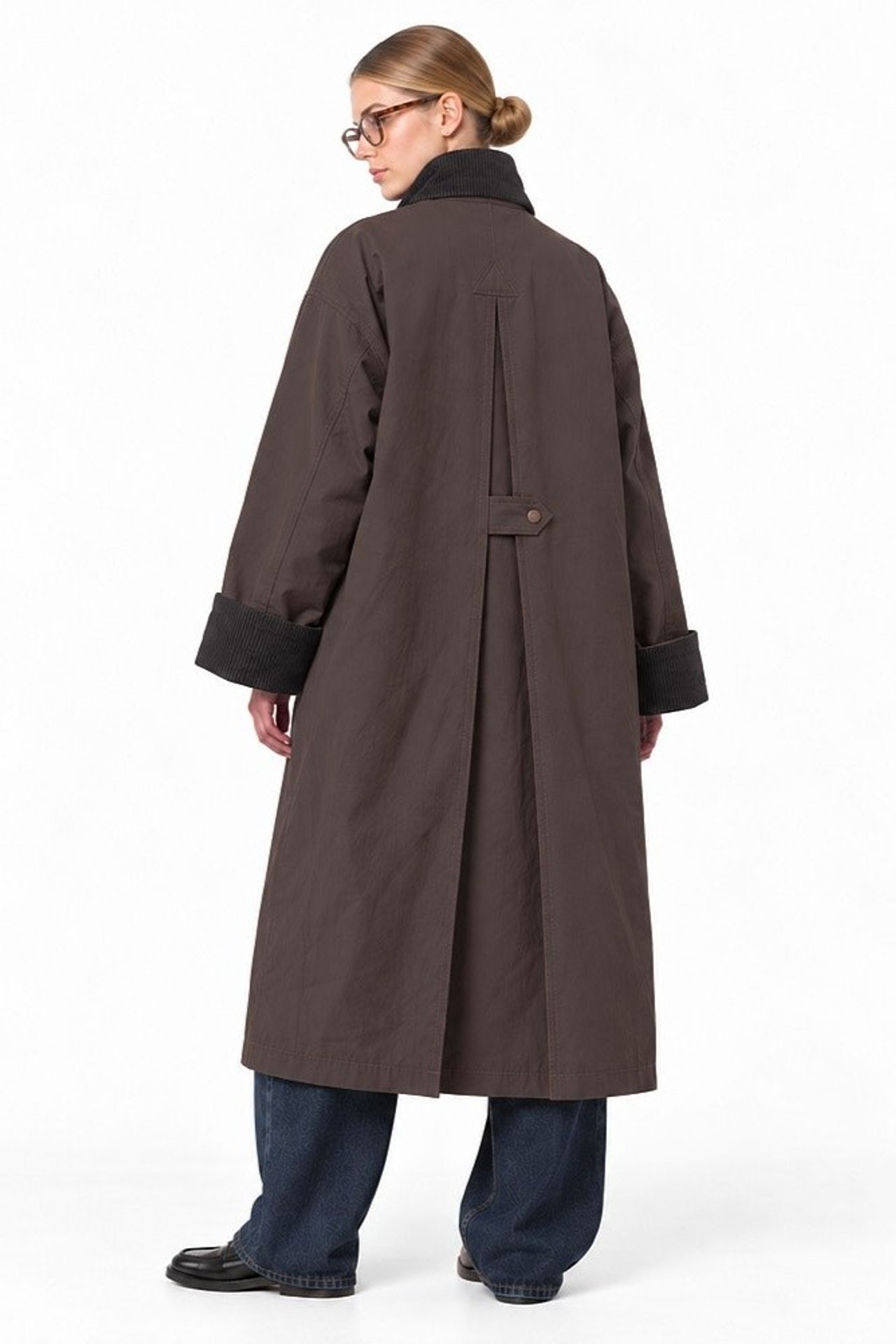 Oversize Kadife Yakalı Ekose Astarlı Uzun Trençkot 4