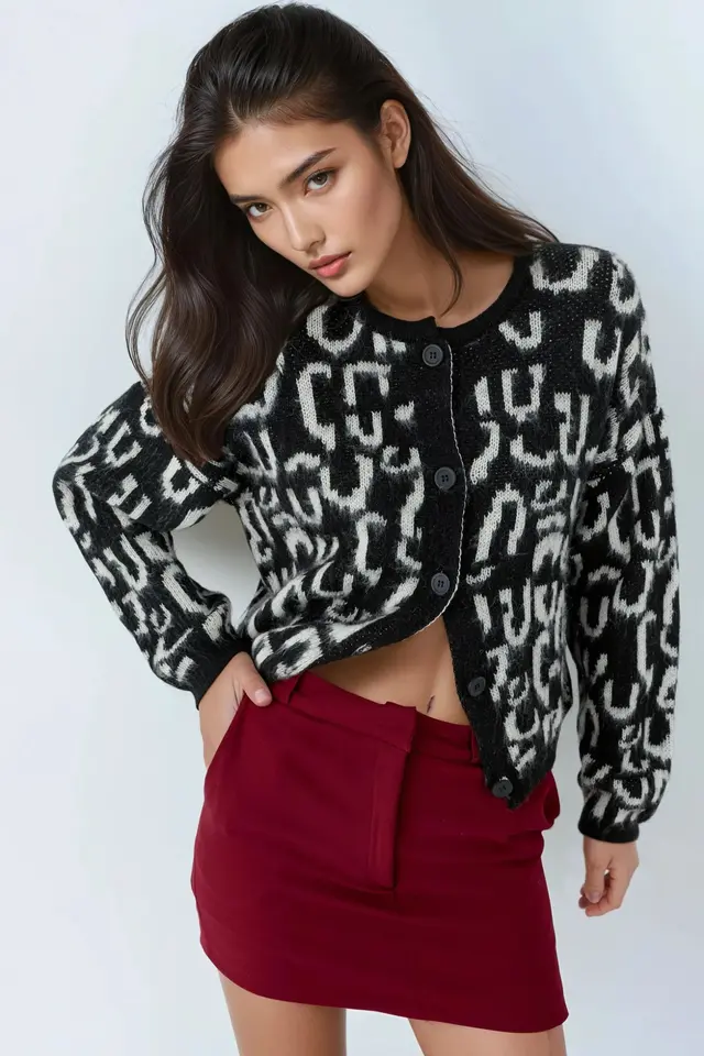 MY FASHION Jacquard  Long Sleeve Buttoned Cardigan