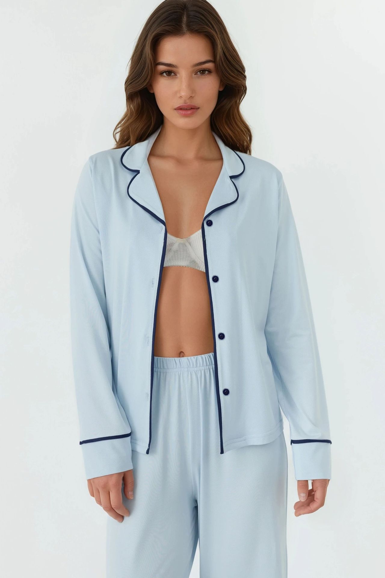 Relaxed Fit Long Sleeve Extra Soft Touch Pajama Set with Shirt Collar 3