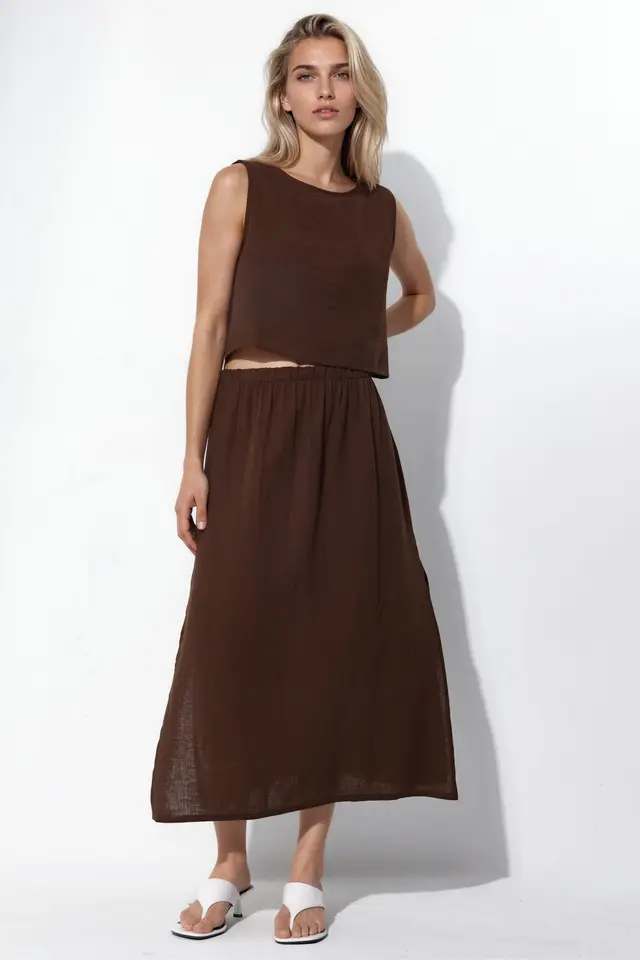 Crop Blouse & Slit Detailed Skirt Muslin Two Piece Set