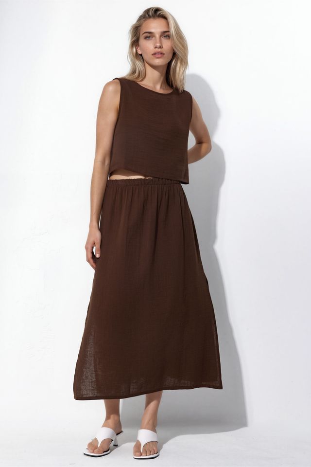 Crop Blouse & Slit Detailed Skirt Muslin Two Piece Set