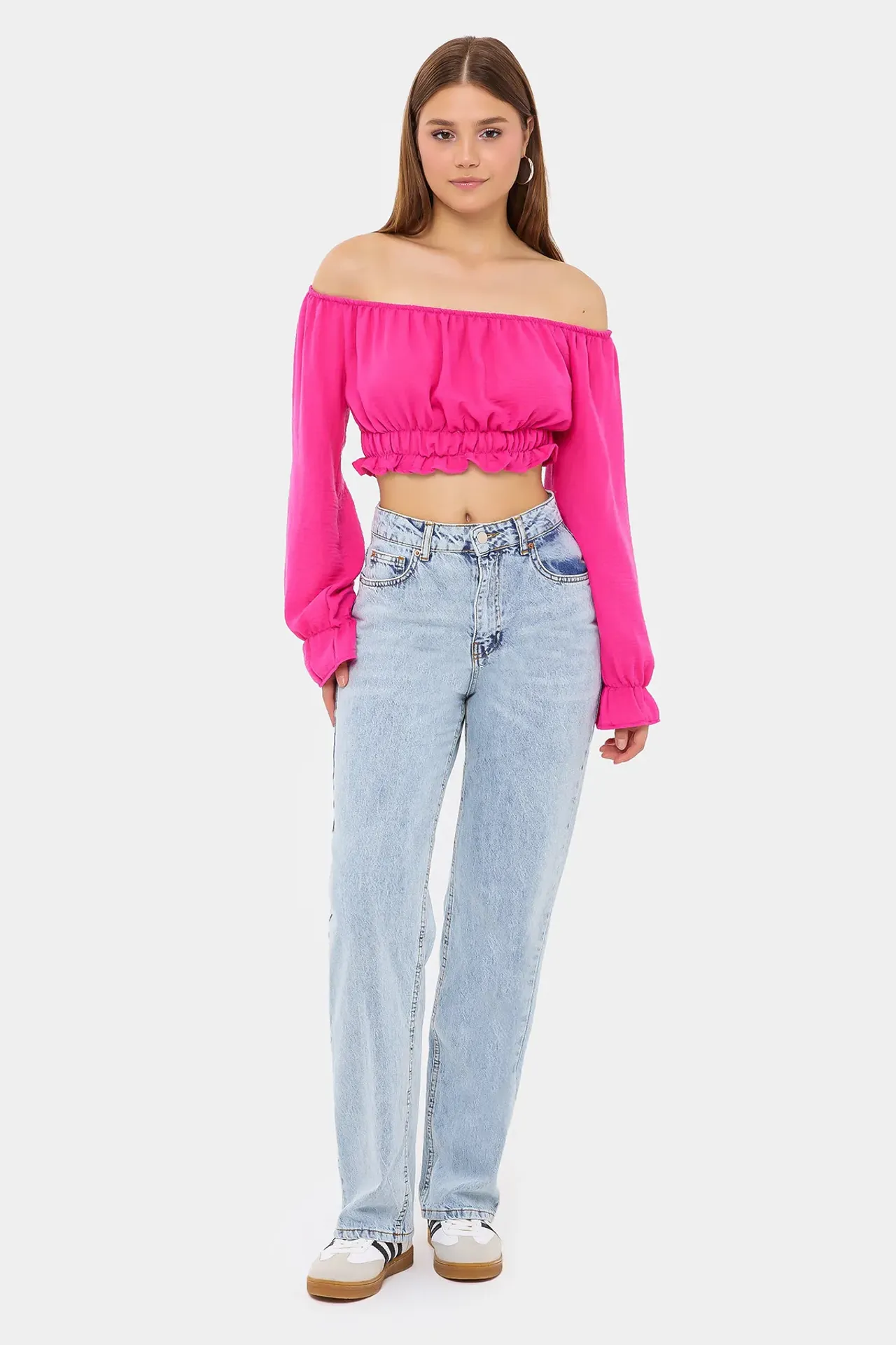 Off-Shoulder Linen Cropped Top with Long Sleeves and Ruffle Detail