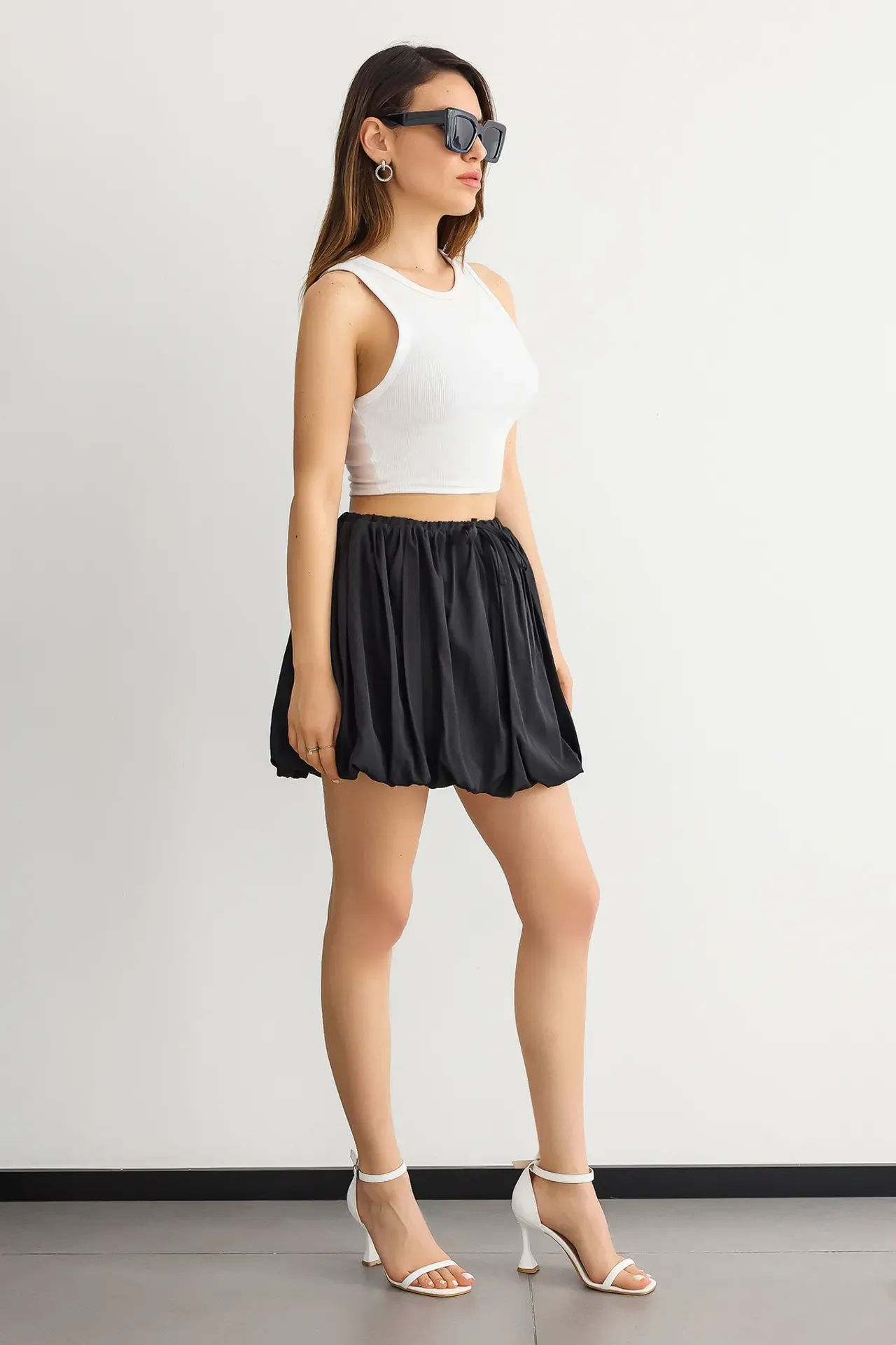 Pleated Satin Balloon Skirt with Drawstring