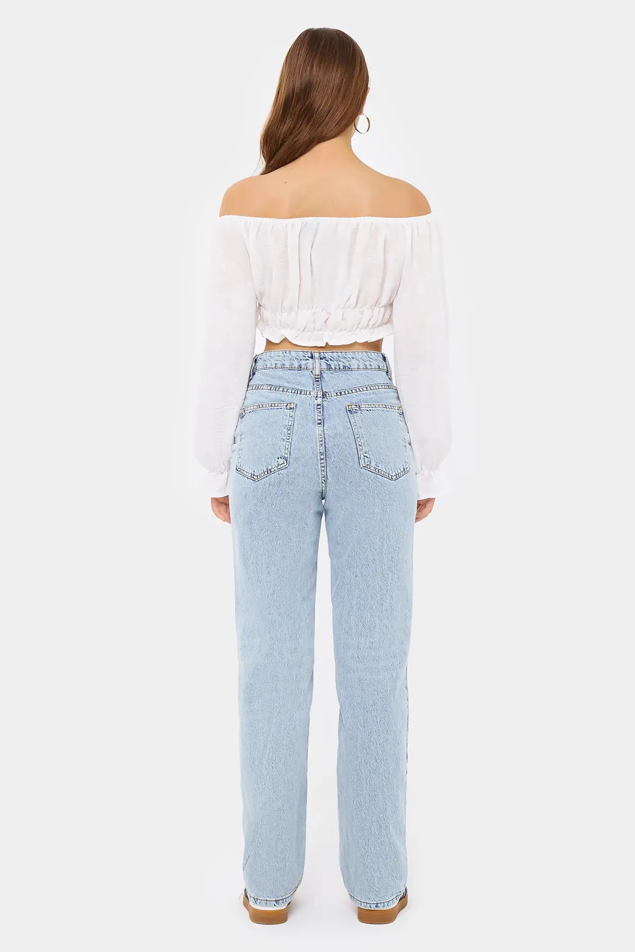 Off-Shoulder Linen Cropped Top with Long Sleeves and Ruffle Detail