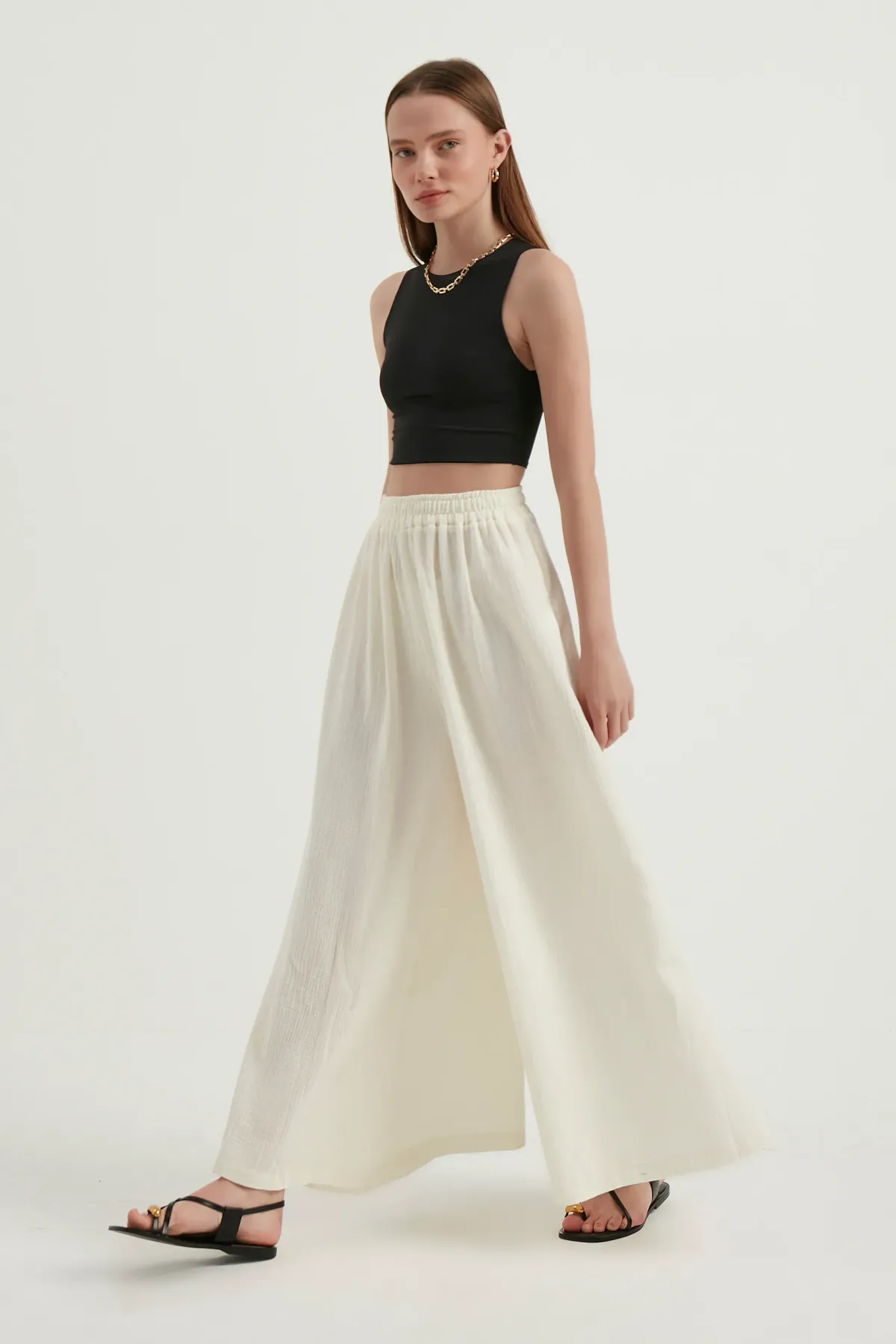 Linen High Waist Elastic Waist Super Wide Leg Trousers