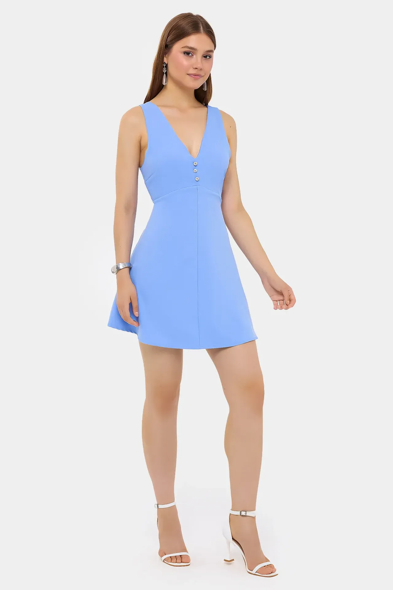Cotton V-Neck Cut-Out Buttoned Detail Mini Dress