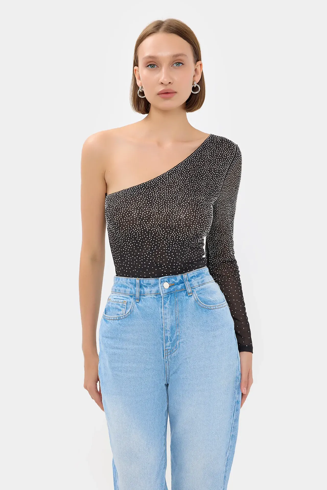 Stone-Embellished One-Shoulder Mesh Bodysuit