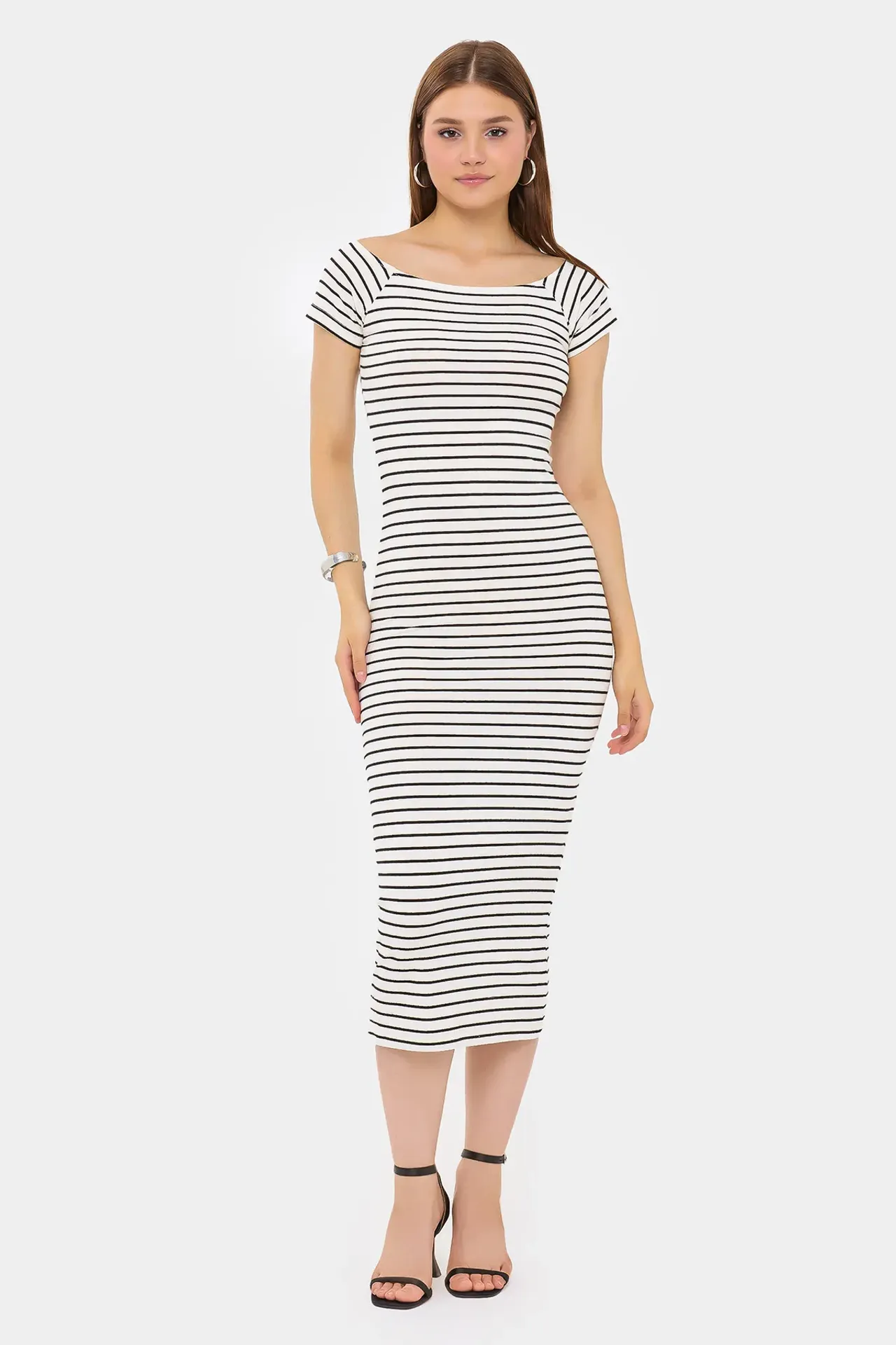 Striped Bodycon Midi Dress with Boat Neck