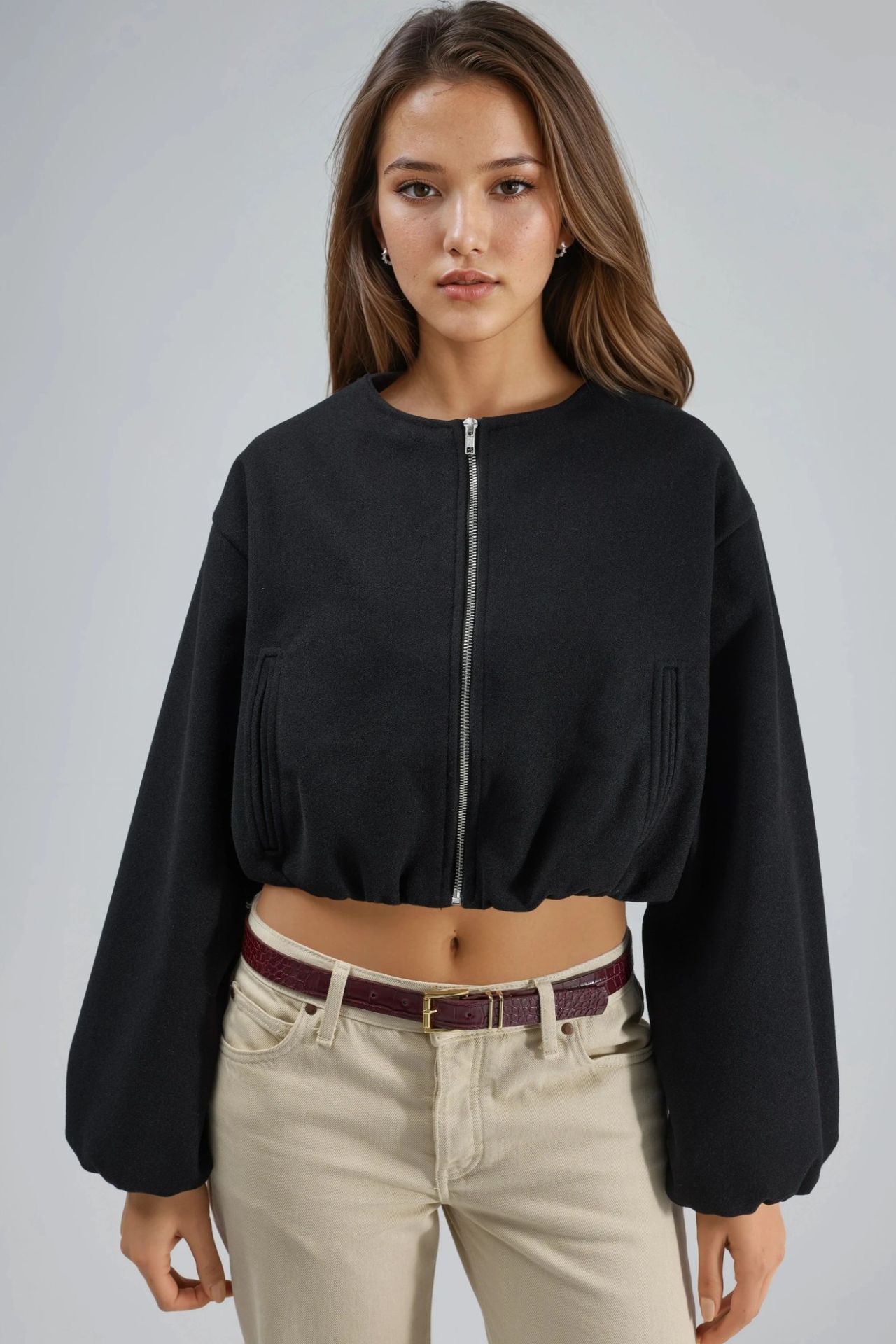 BUSEM Crop Gabardine Jacket with Zipper and Pocket