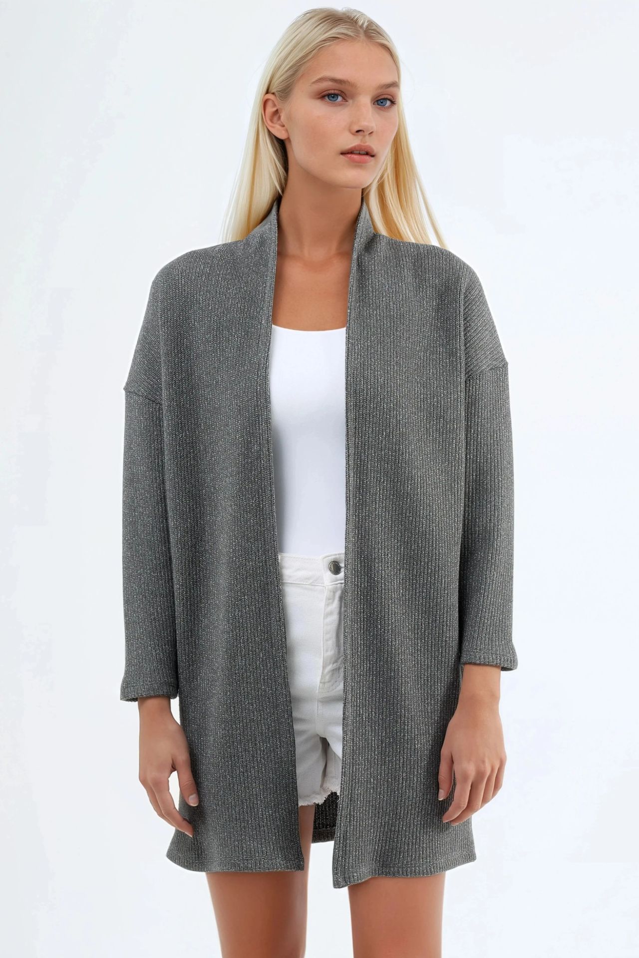 BUSEM Long Ribbed Knit Cardigan with Open Collar 6