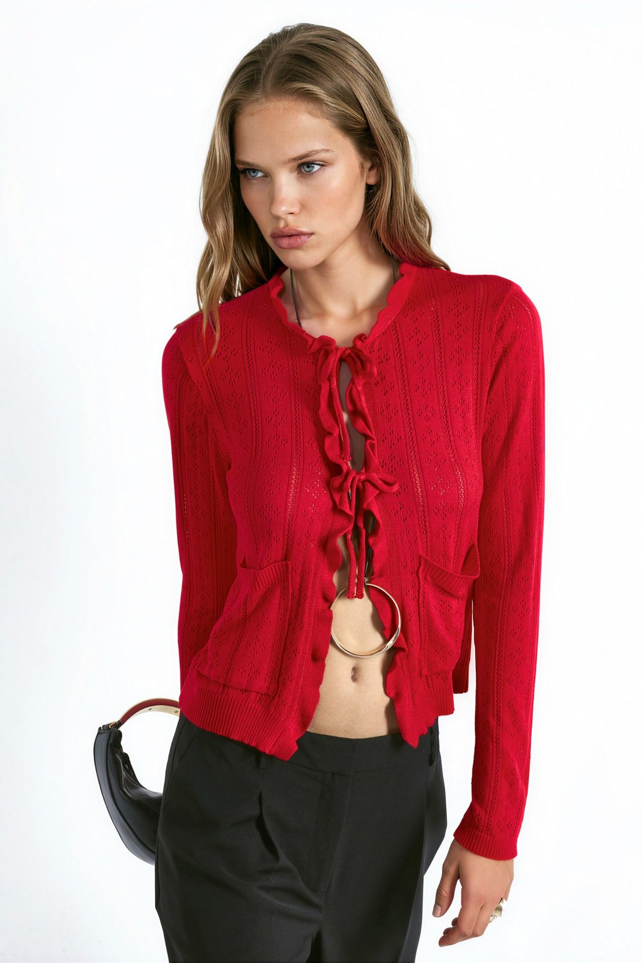 Ruffled Openwork Knit Cardigan with Special Yarn 2