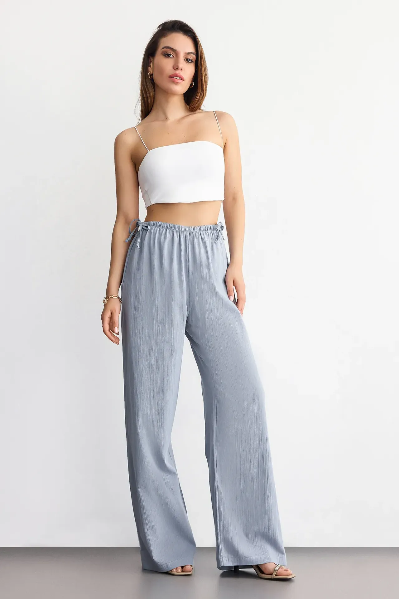 Wide-Leg Drawstring Pants with Bow and Tie-Side