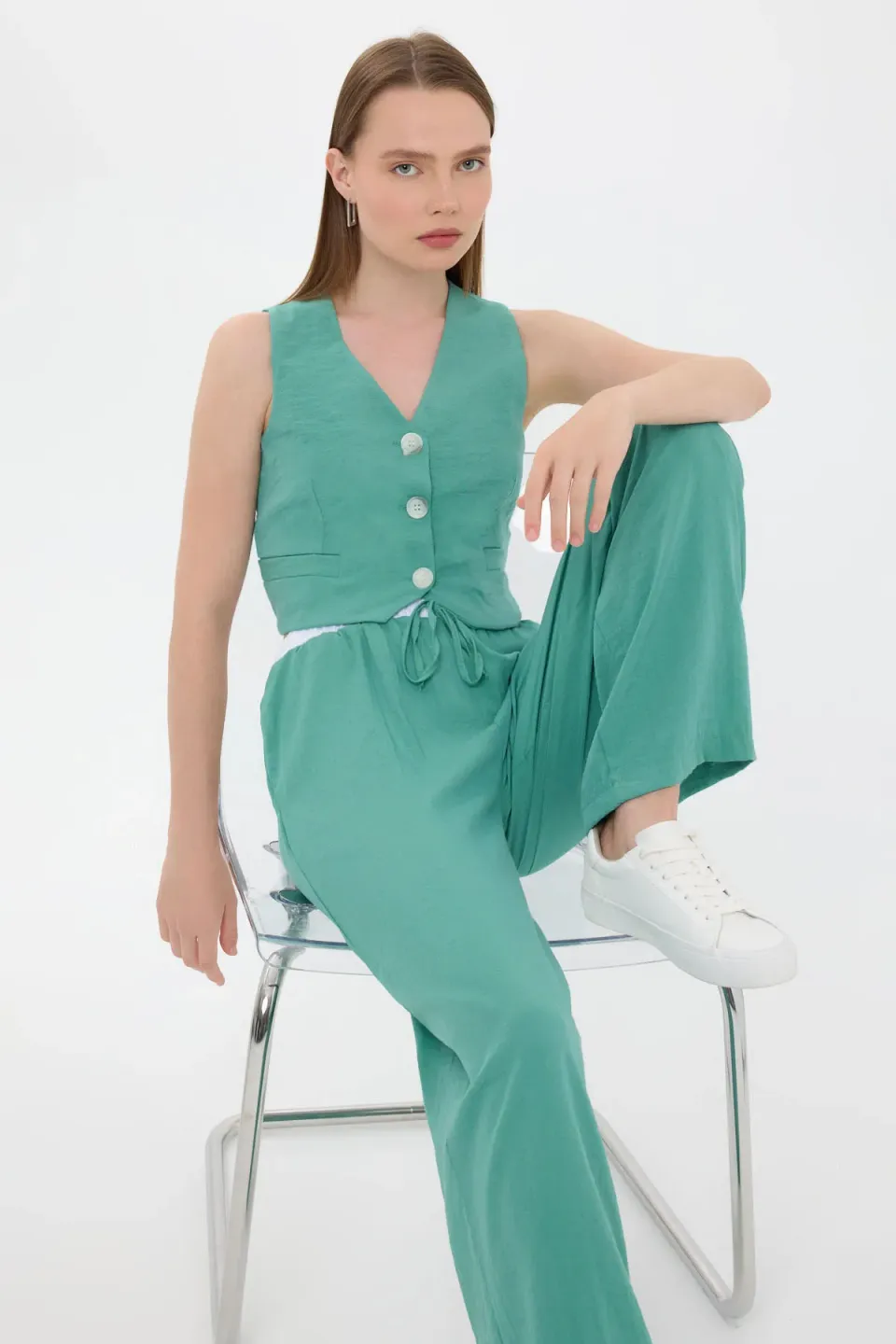 High-Waist Straight-Leg Coords with Belt Detail